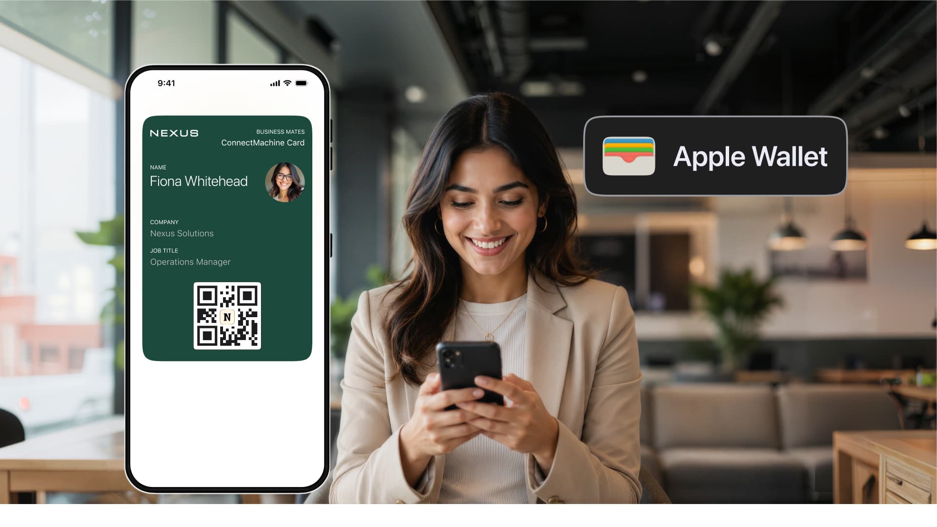 A digital business card saved in Apple Wallet on an iPhone
