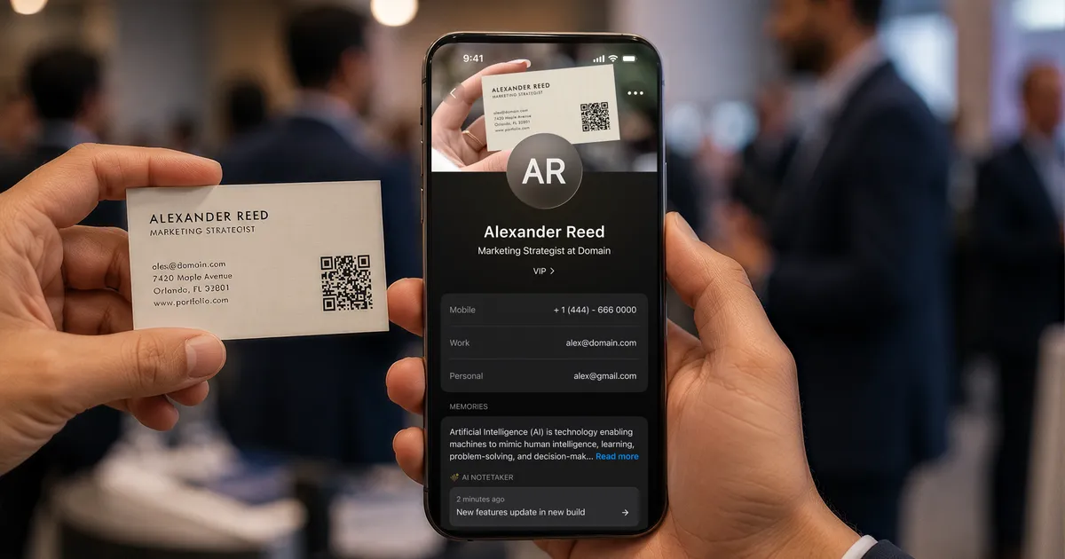 A phone capturing a lead at an event and turning it into a saved contact