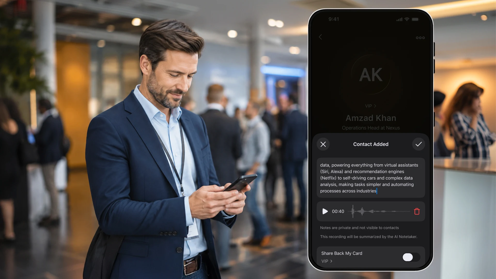 ConnectMachine contact manager displaying a professional profile after a networking introduction