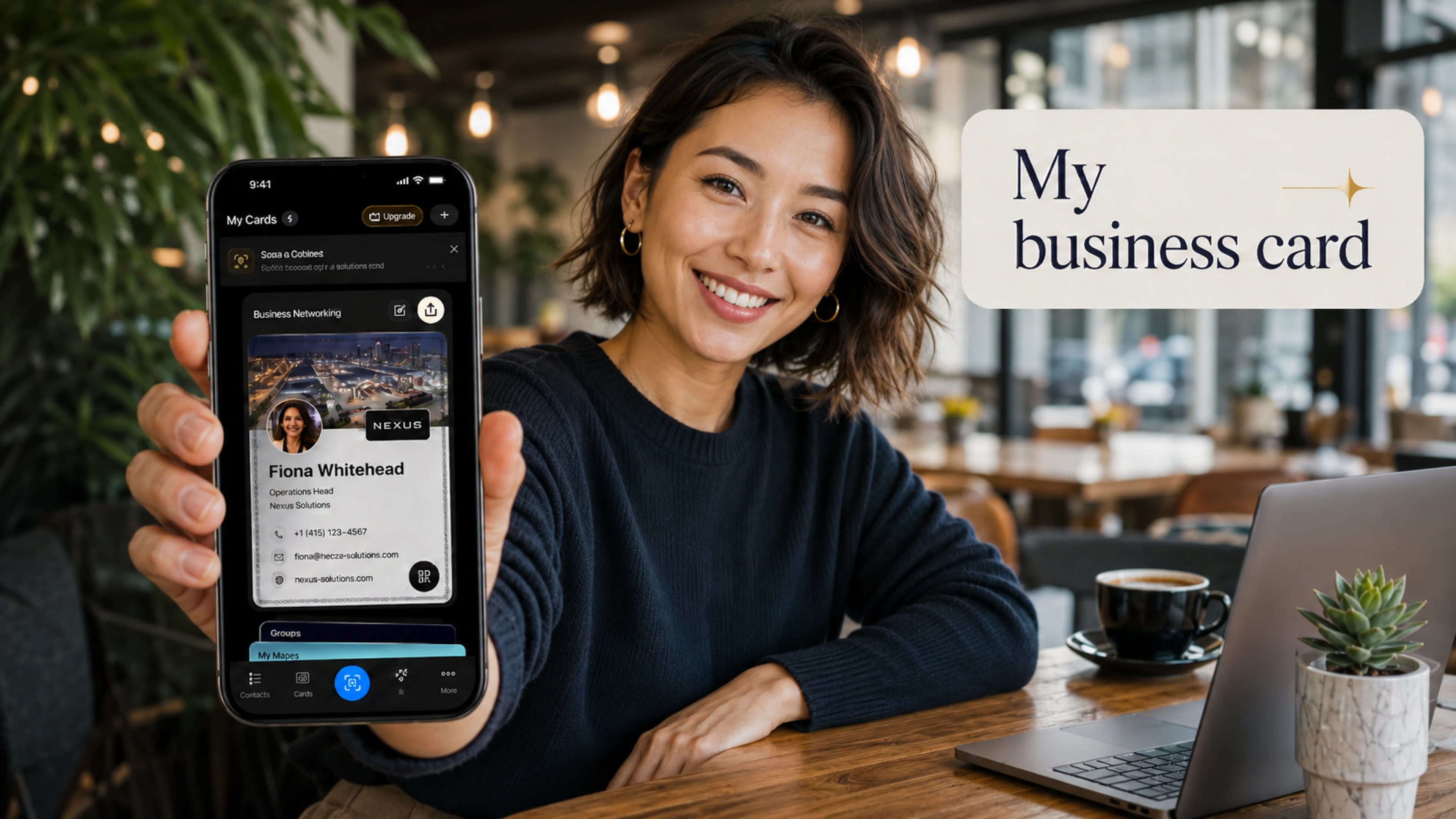 Professional free digital business card displayed on a phone