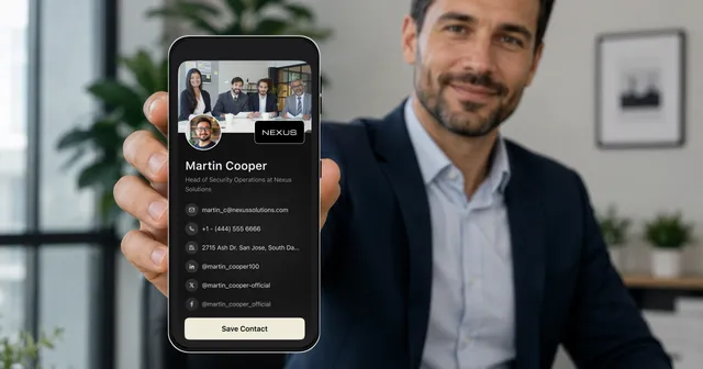 A digital business card QR code displayed next to an email signature