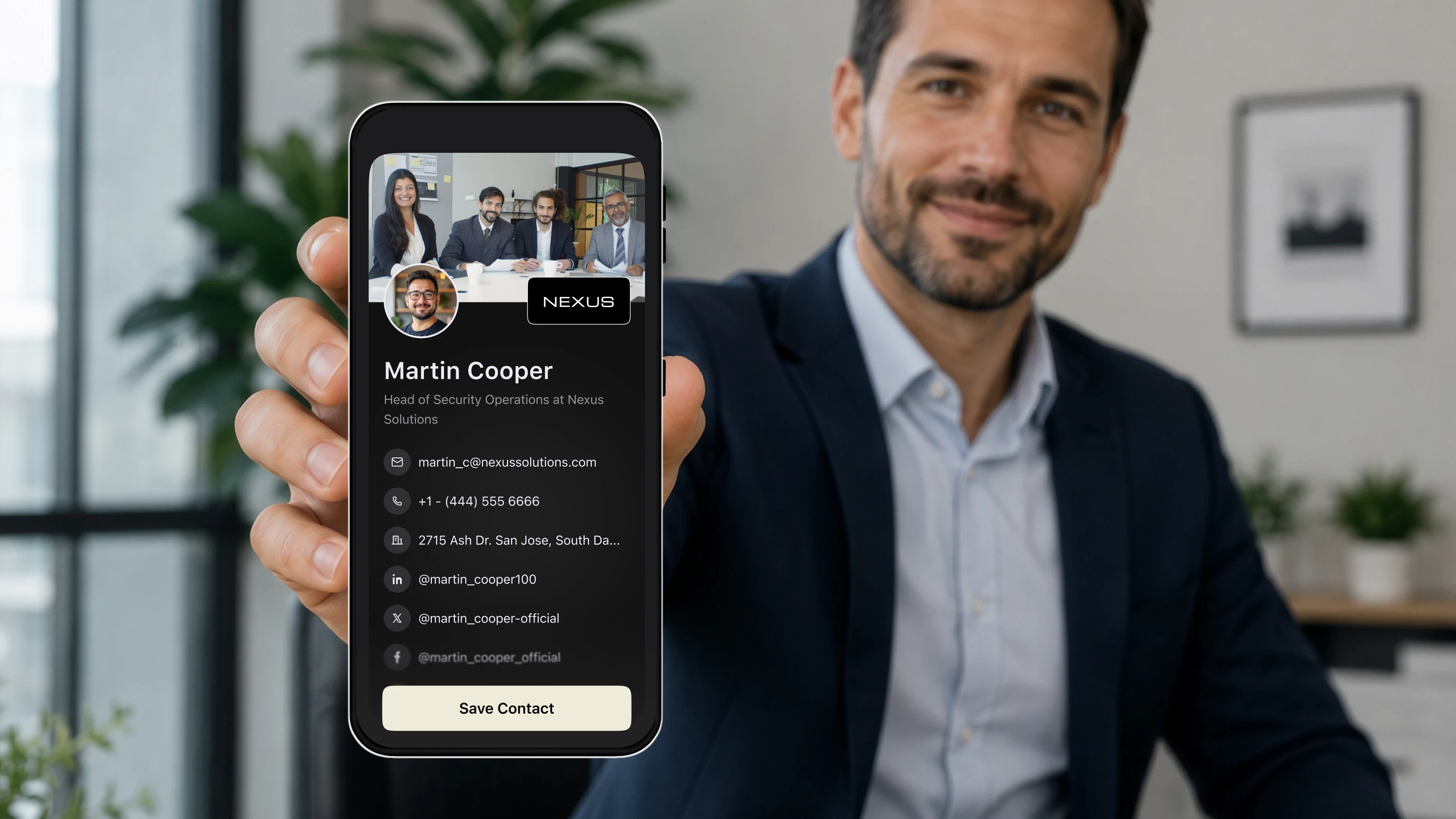 One professional scanning another professional's QR business card at an event