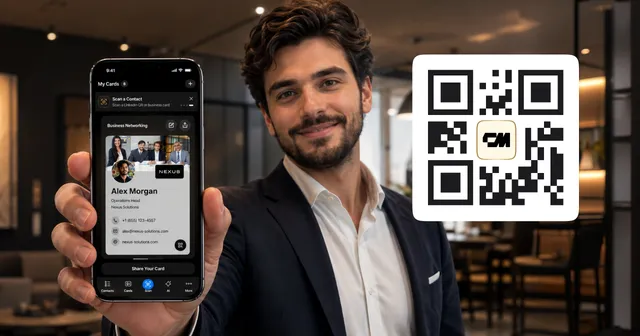 A phone camera scanning a QR code business card and previewing the destination link