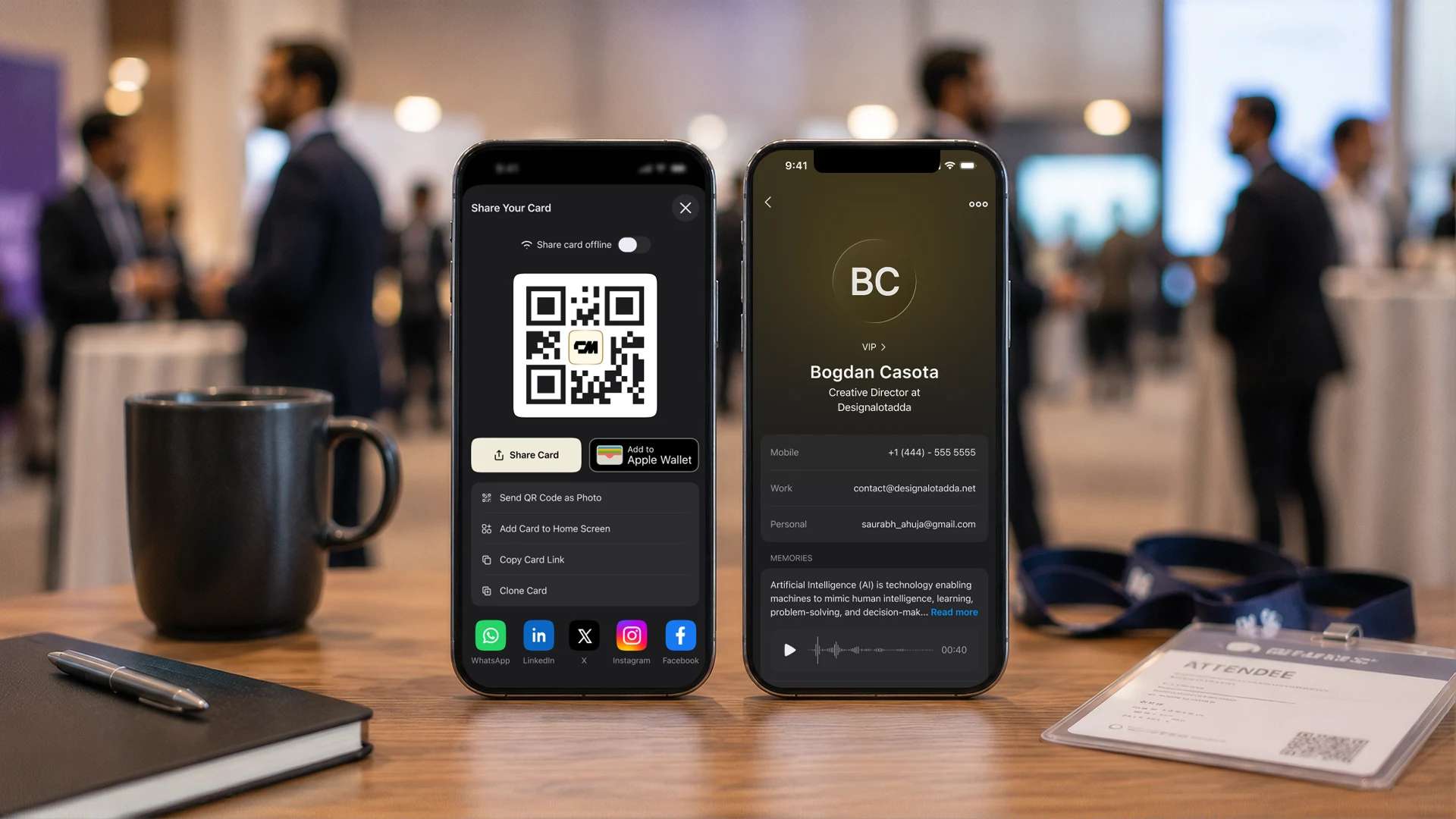 QR business card displayed on one phone and the saved contact shown on another