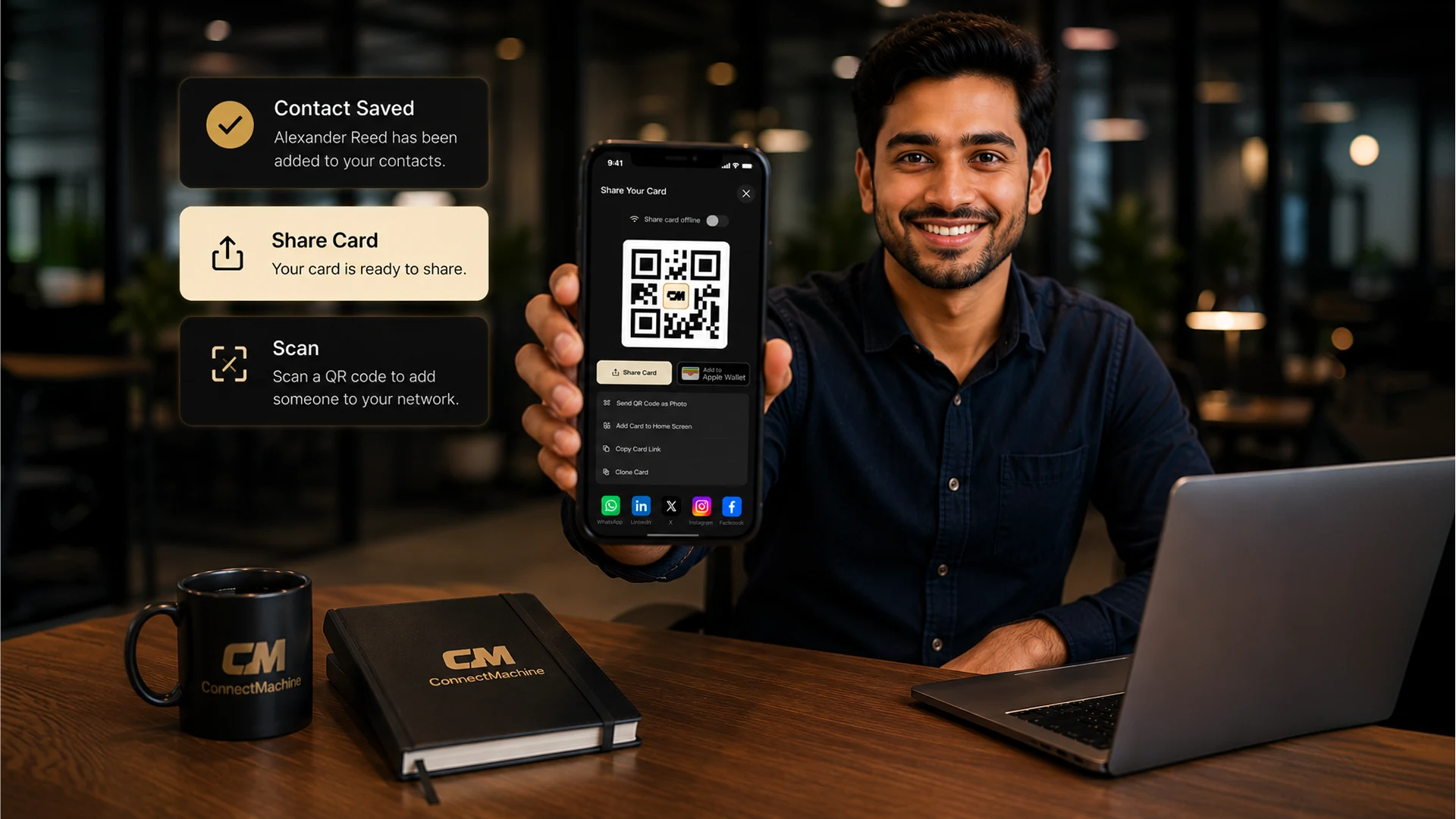 Free ConnectMachine card sharing, QR code, and contact-saving tools