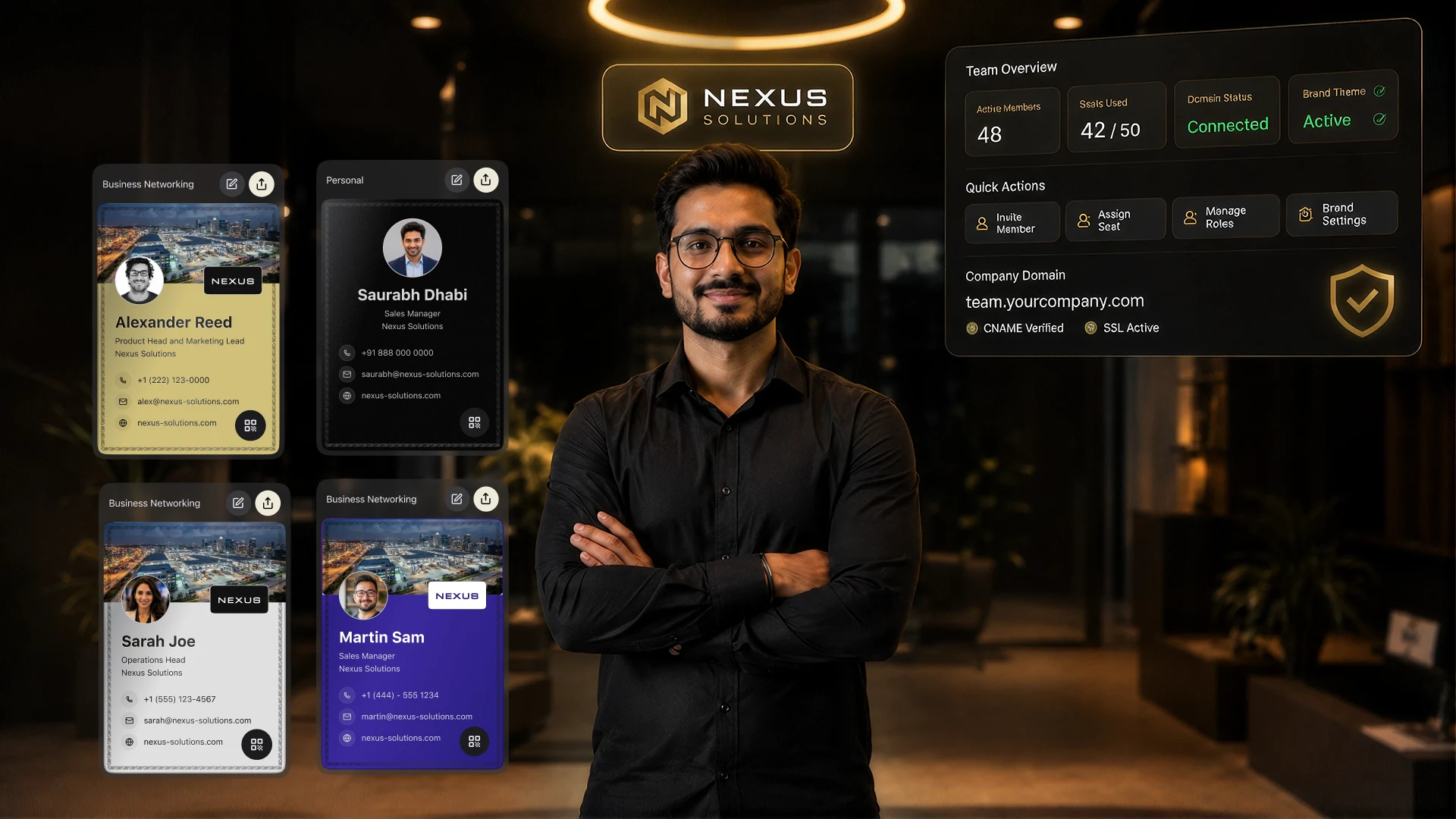 Team members displaying business cards with shared company branding