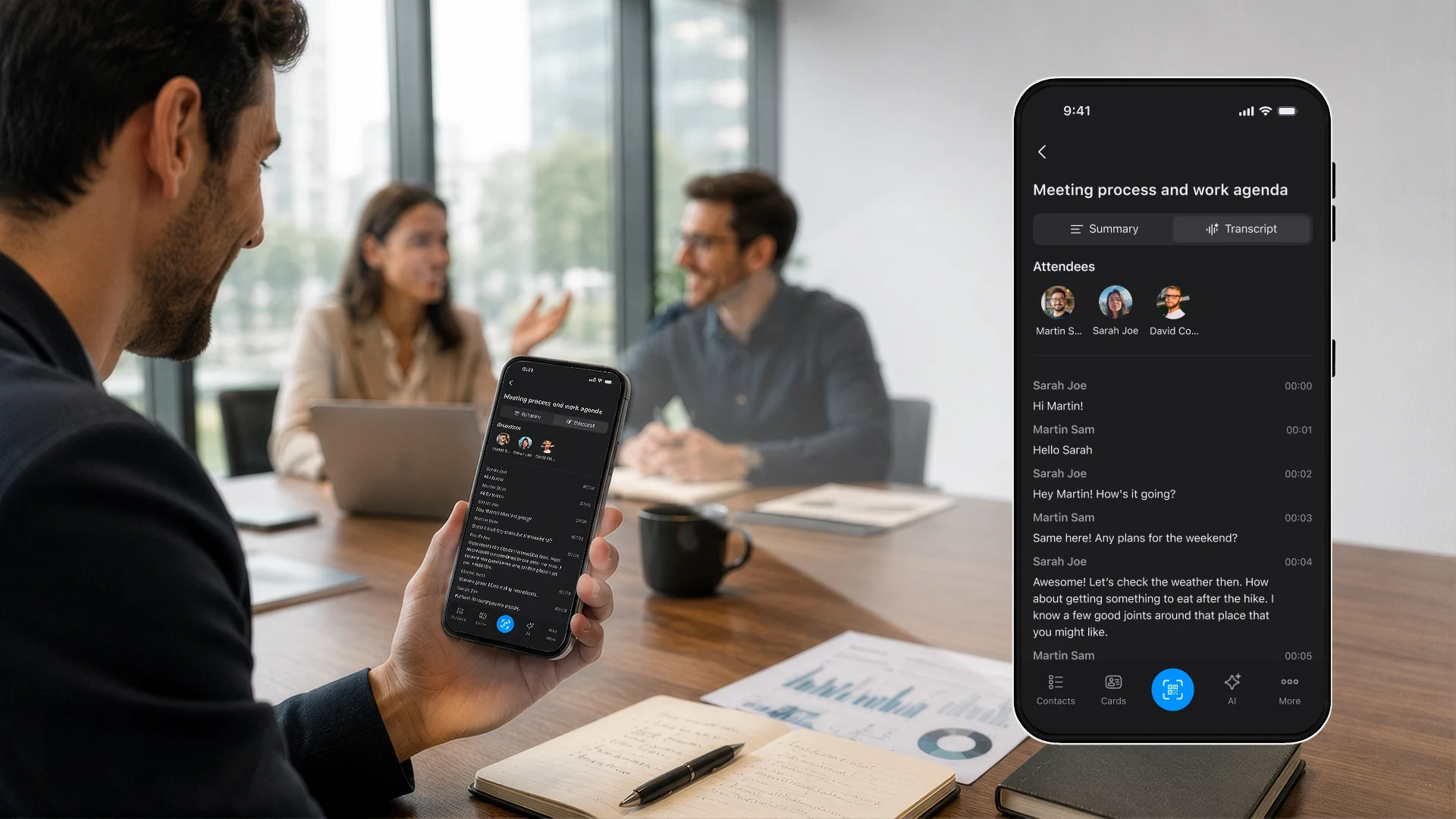 ConnectMachine meeting notes with a summary, transcript, attendees, and speaker labels