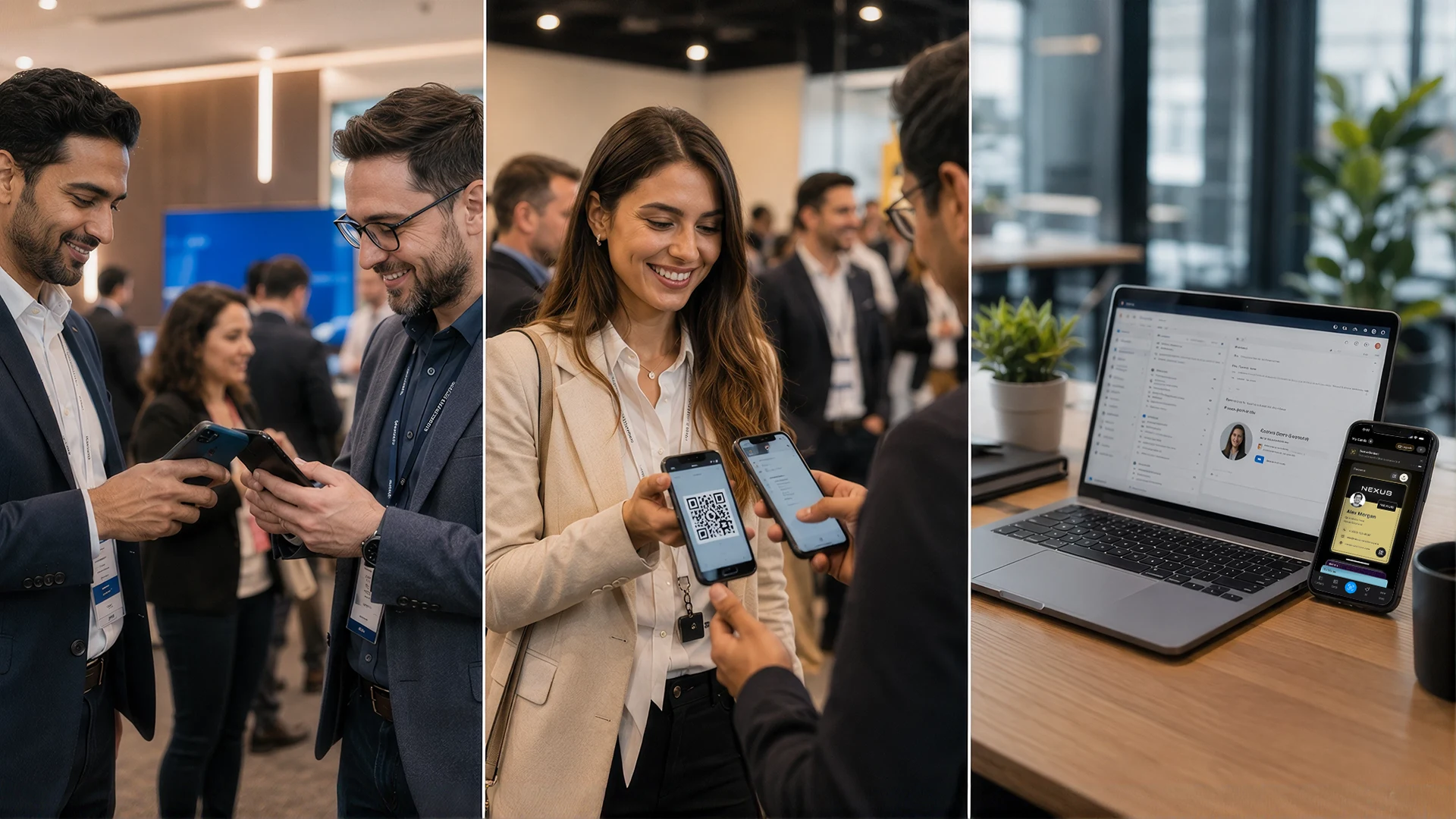 Professionals sharing digital business cards by phone, QR code, and web link