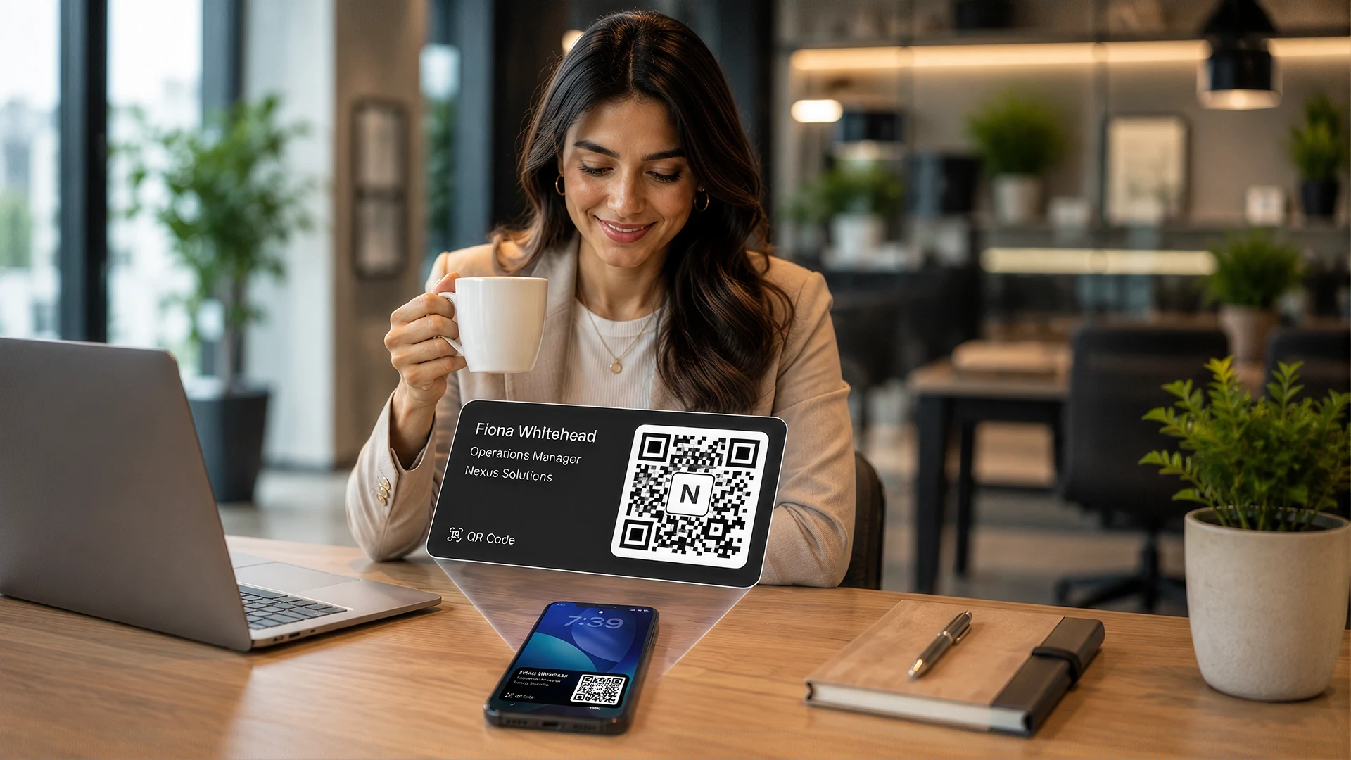 Wallet business card ready to share beside an iPhone