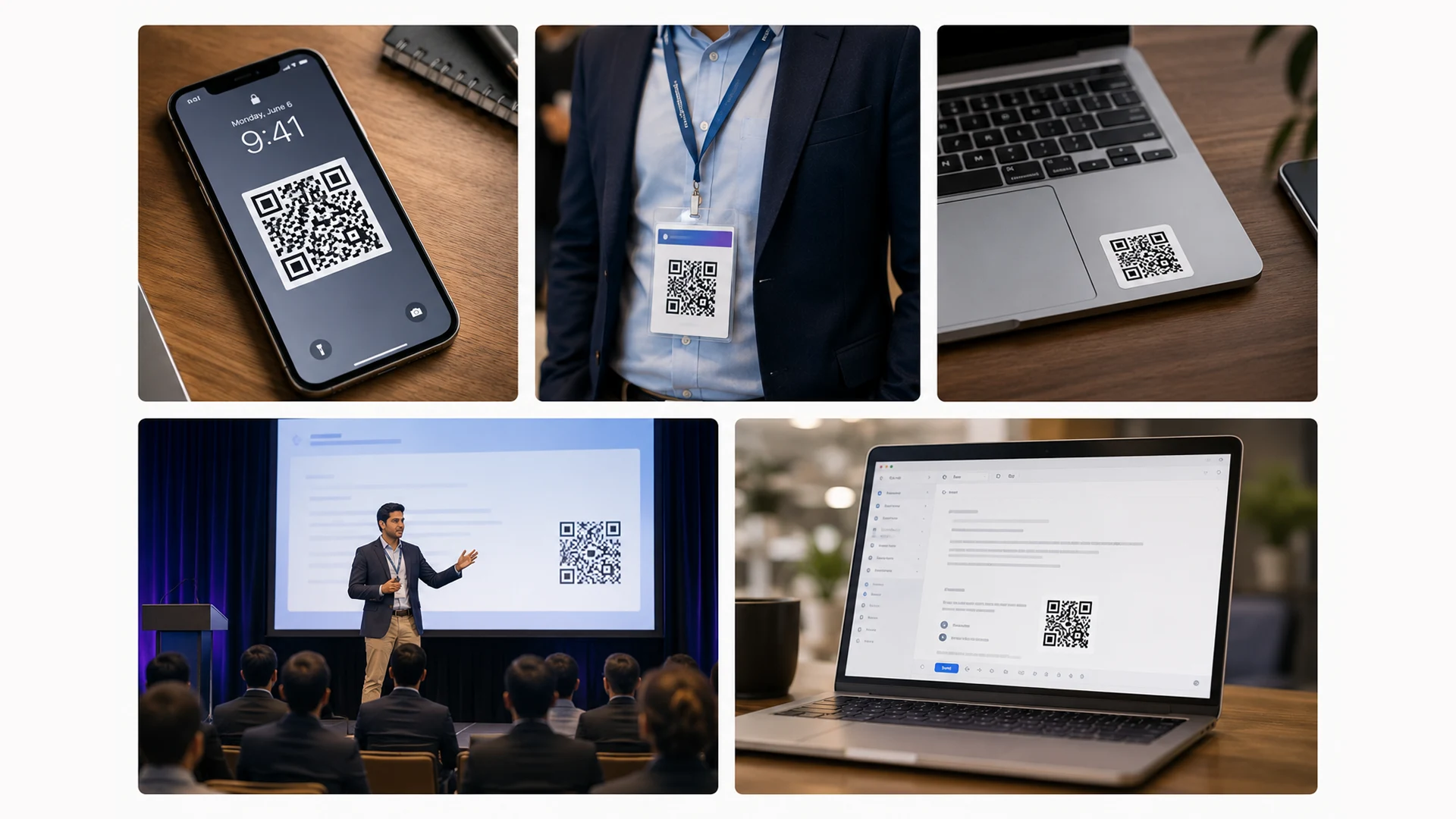 QR business card displayed on a phone, badge, laptop, presentation, and email