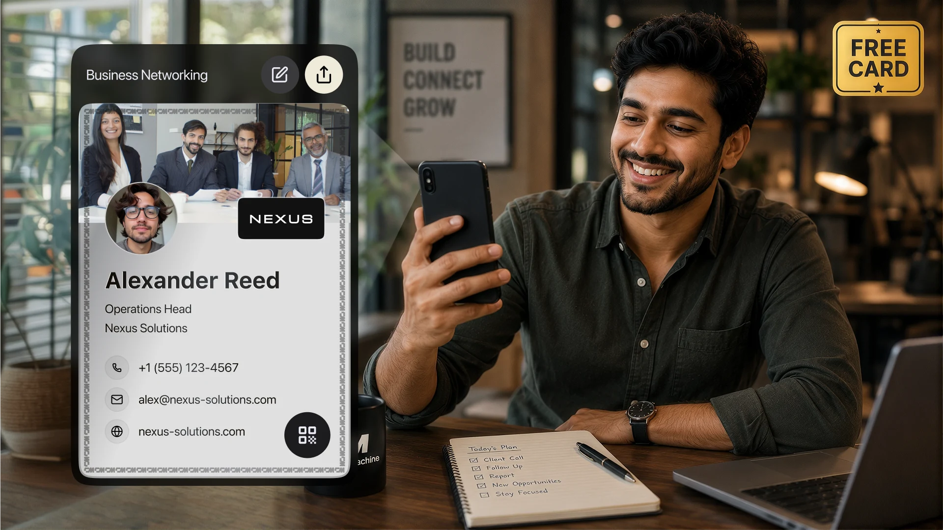 Polished free digital business card with professional profile details