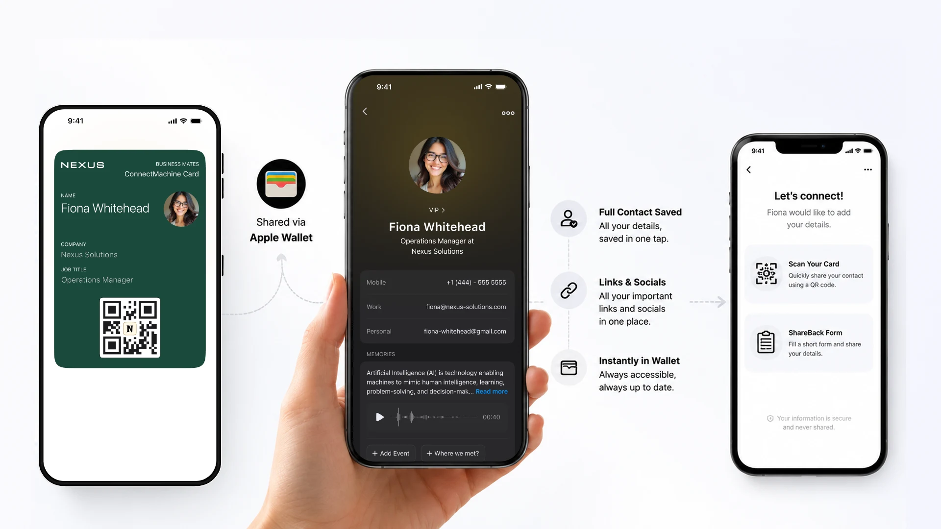 Apple Wallet business card opening a full contact with links and social profiles