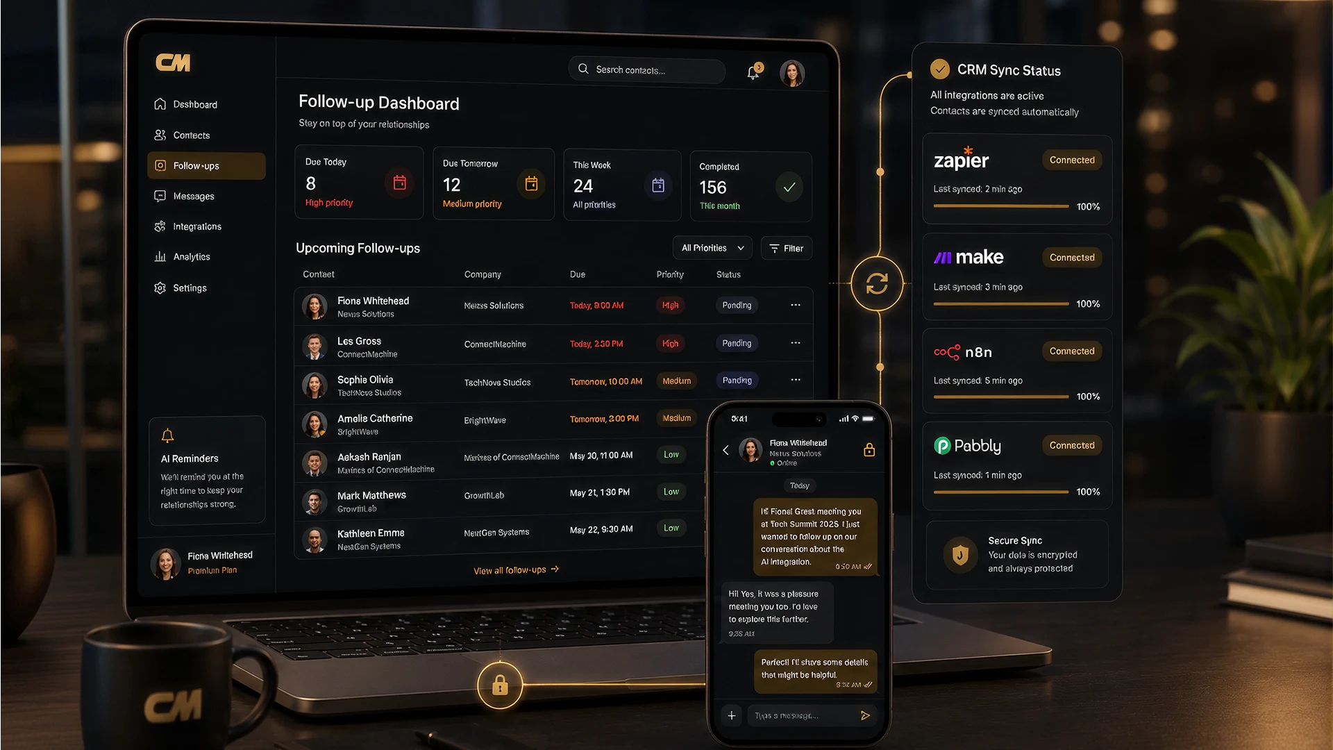 Follow-up dashboard with upcoming reminders and CRM synchronization status