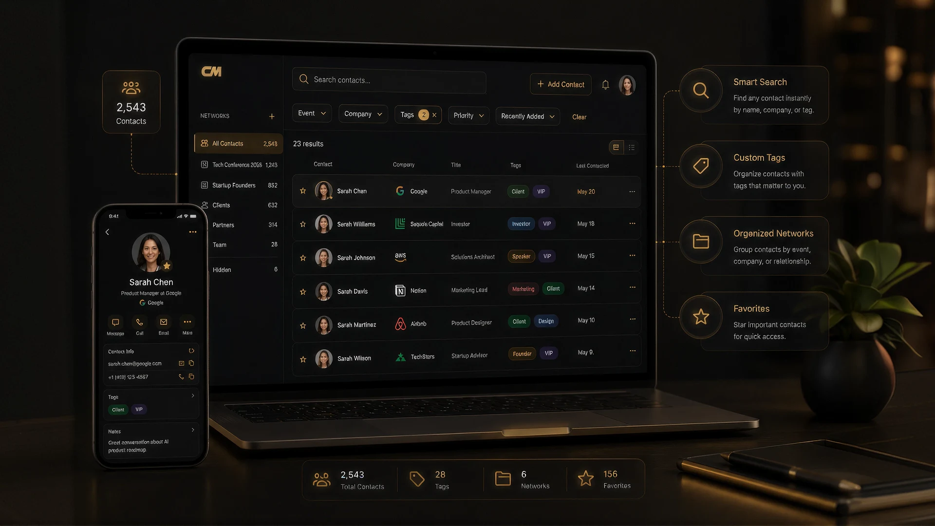 Searchable contact manager with filters, tags, and organized professional networks