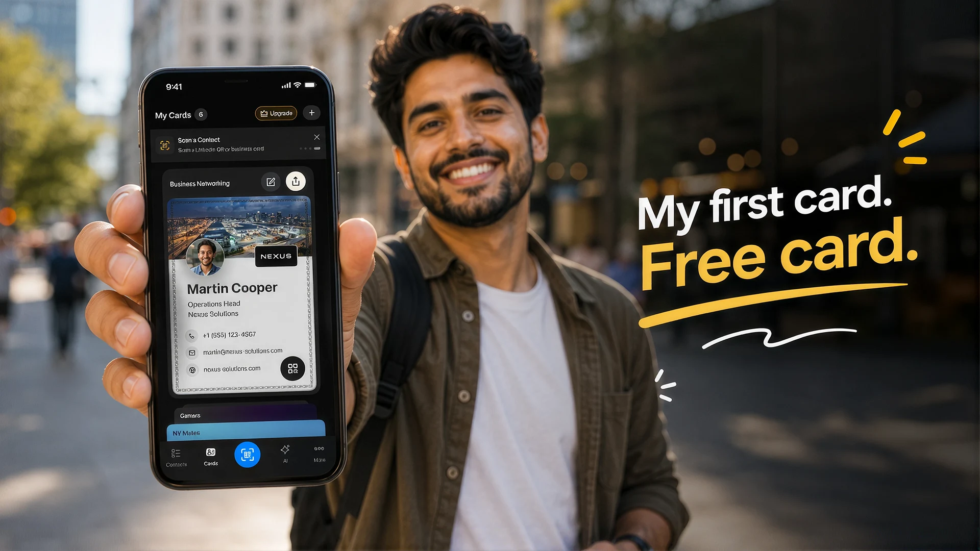New professional presenting a first digital business card created for free