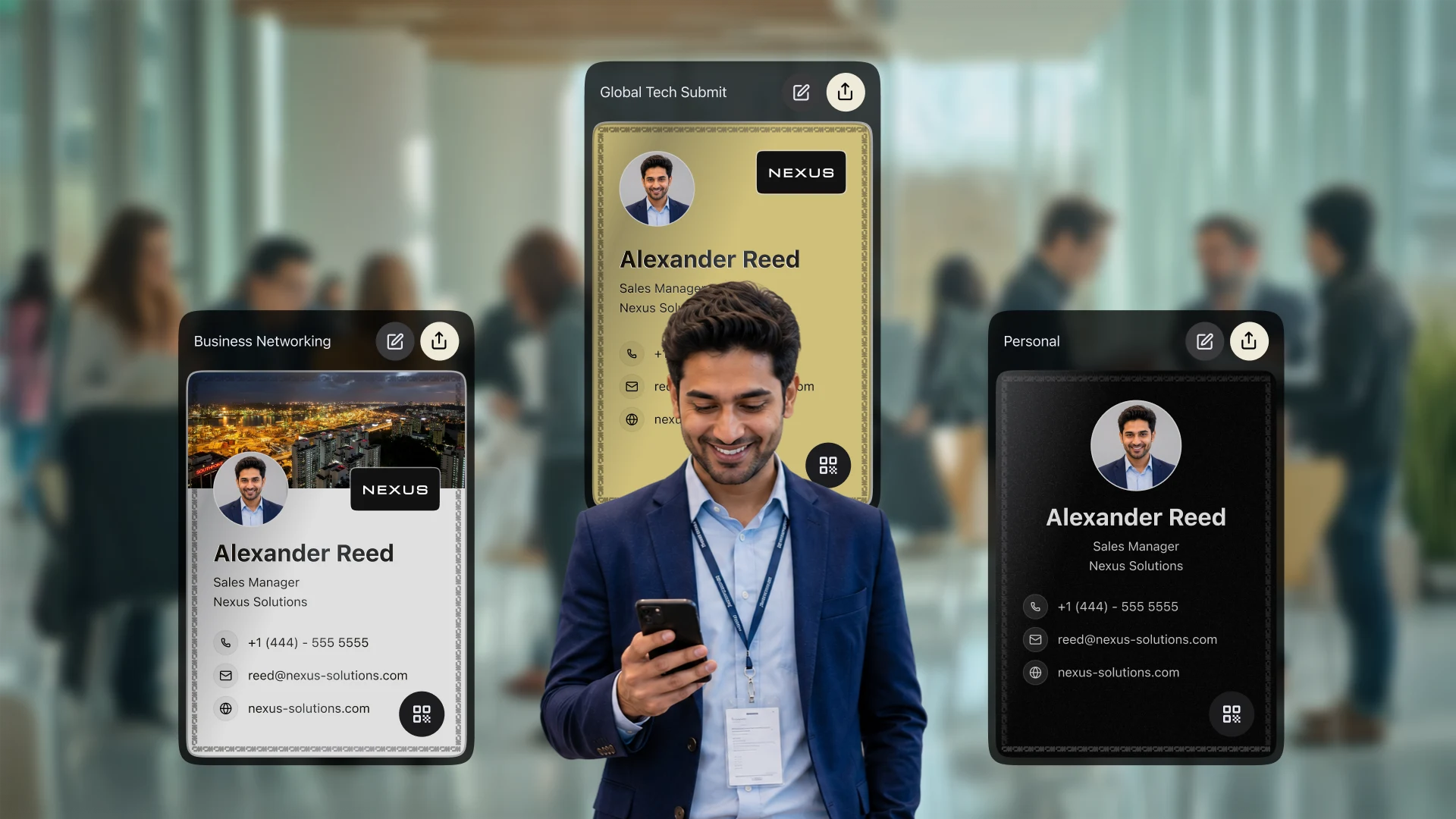 Professional ConnectMachine card designs shown in multiple branded styles