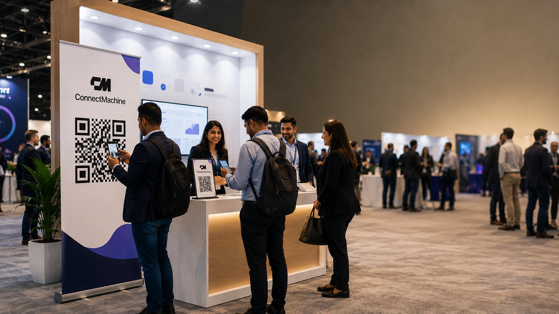 Conference attendees scanning a large QR business card at a trade show booth