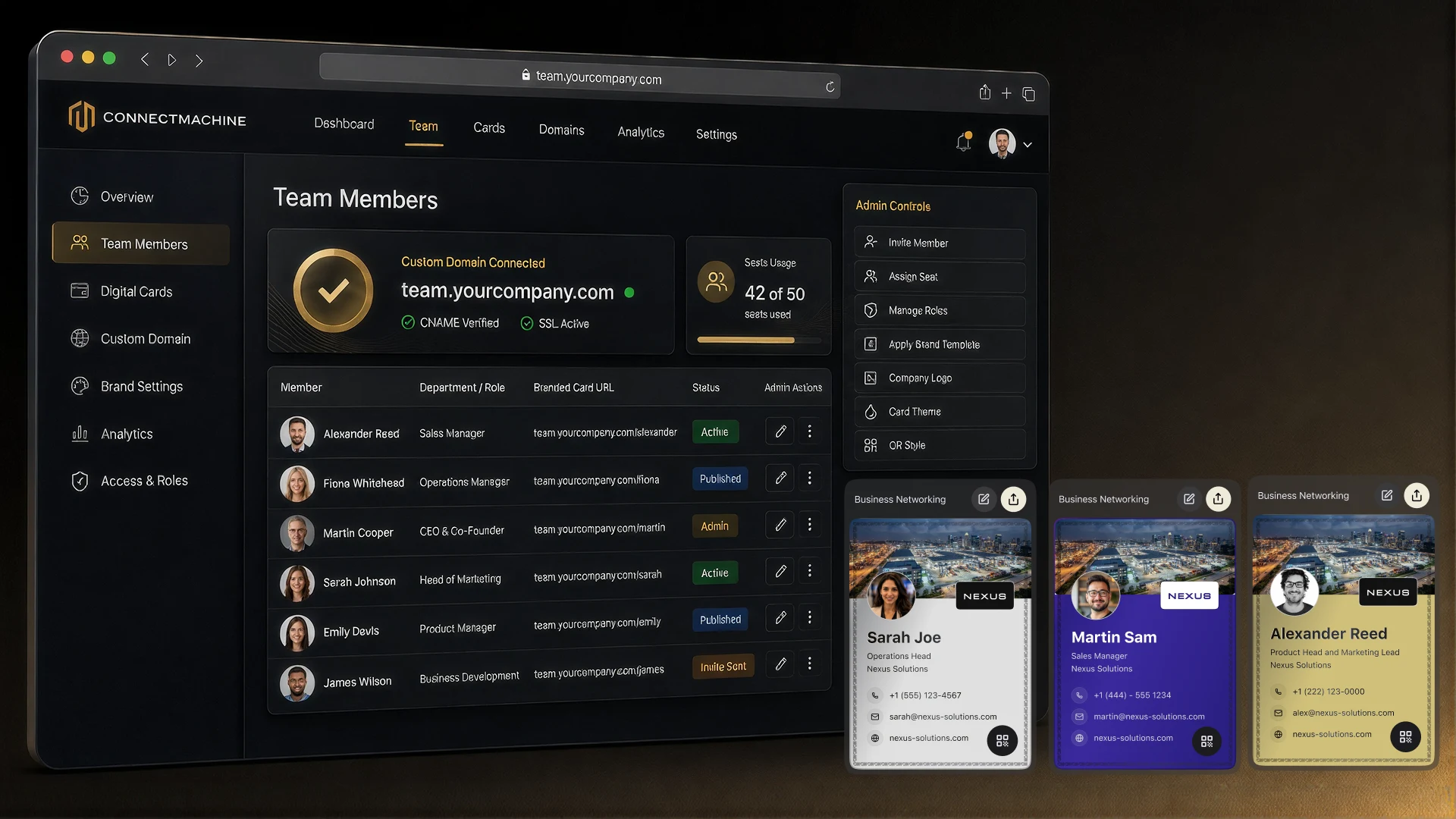 Admin dashboard with a roster of consistently branded team business cards
