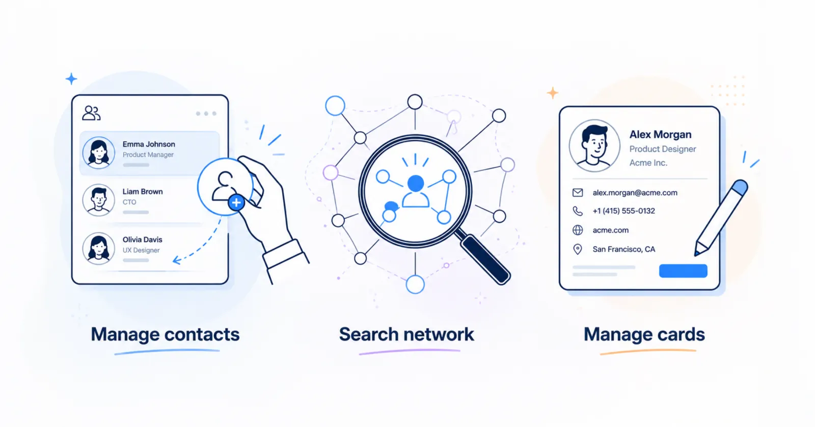 Illustrations of managing contacts, searching your network, and managing your digital cards