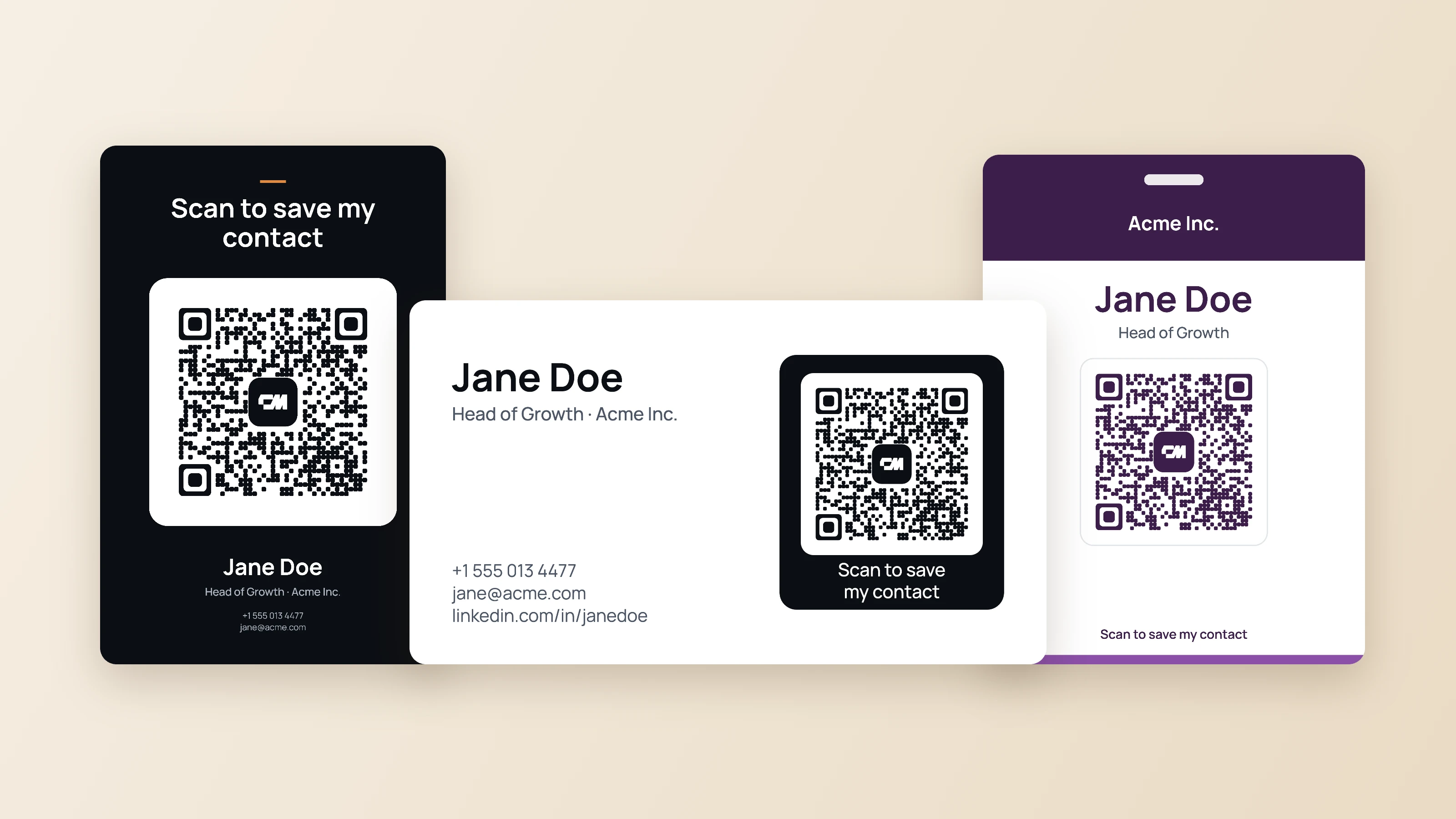 Tre design di QR code vCard creati con il generatore: un biglietto da visita, un cartello da tavolo e un badge per eventi, ognuno con un QR code che salva il contatto