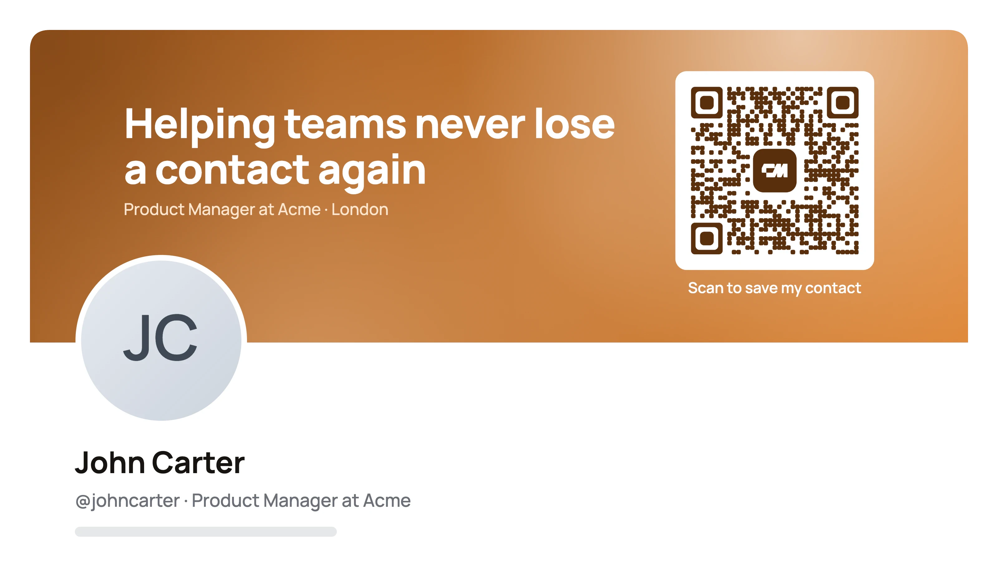 An X profile with a copper Twitter header that reads Helping teams never lose a contact again, with a QR code on the right