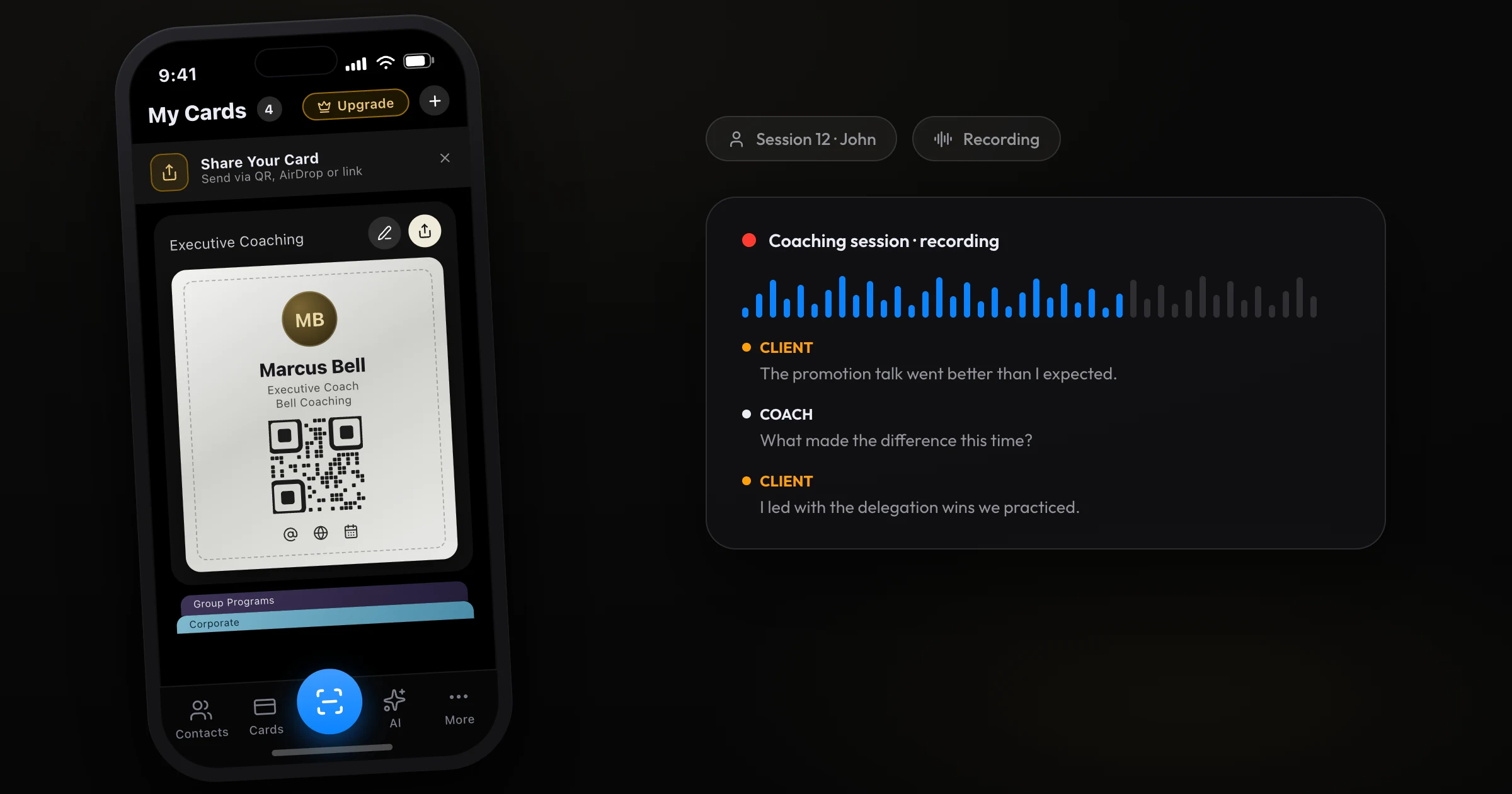 A coach's ConnectMachine card next to a recorded coaching session with the transcript preview