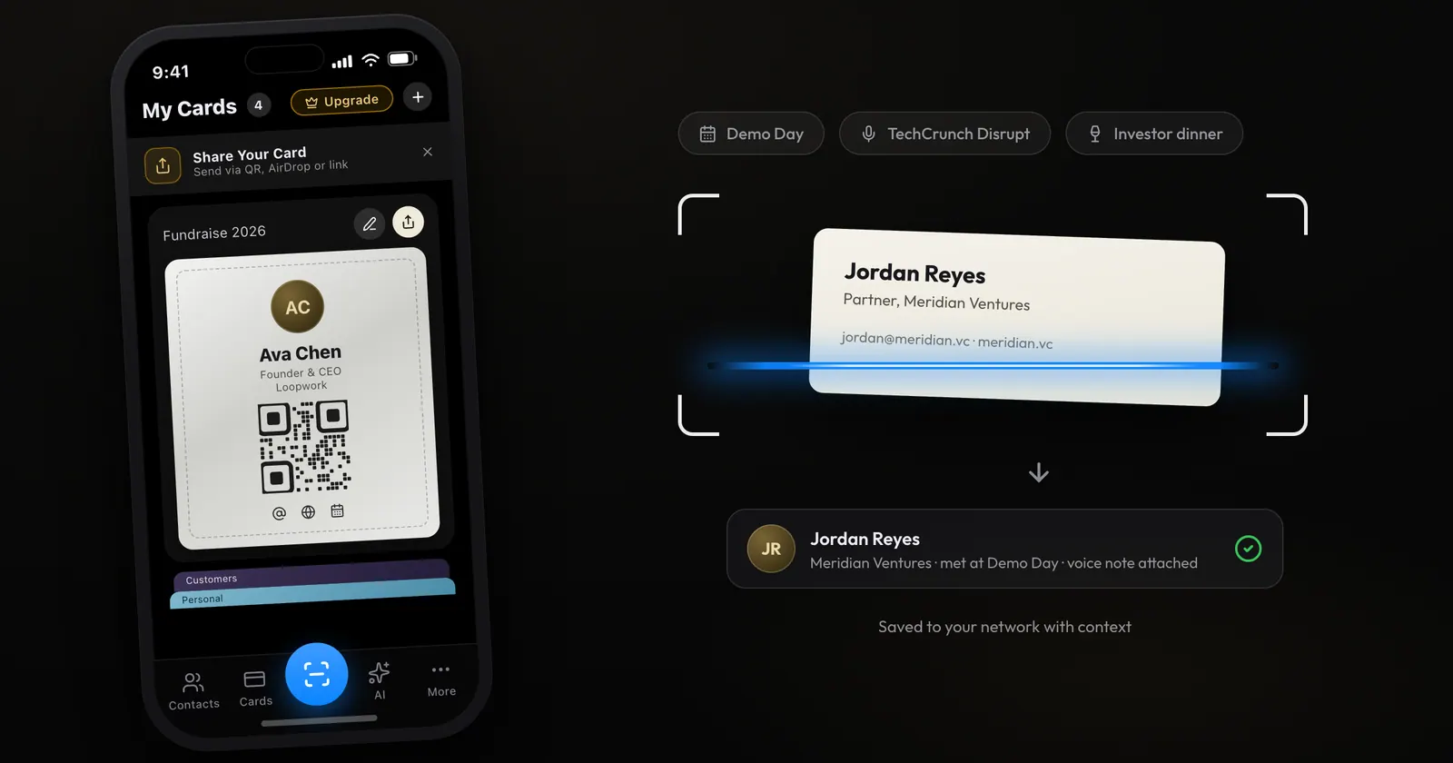 La tarjeta de ConnectMachine de un fundador junto a la tarjeta de un inversor escaneándose en un evento de pitch