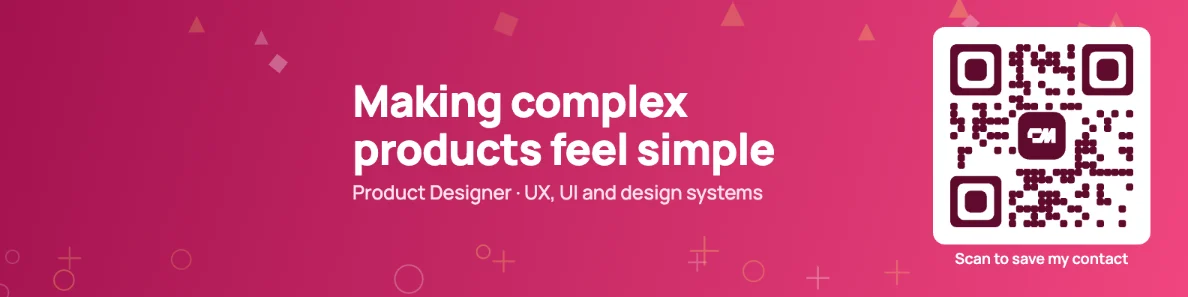Esempio di banner LinkedIn per designer in magenta: Rendo semplici i prodotti complessi