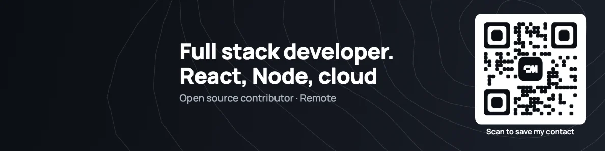 Esempio di banner LinkedIn per sviluppatori software in nero: Sviluppatore full stack. React, Node, cloud
