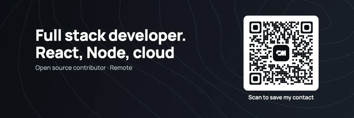 Software developer Twitter header example in black: Full stack developer. React, Node, cloud