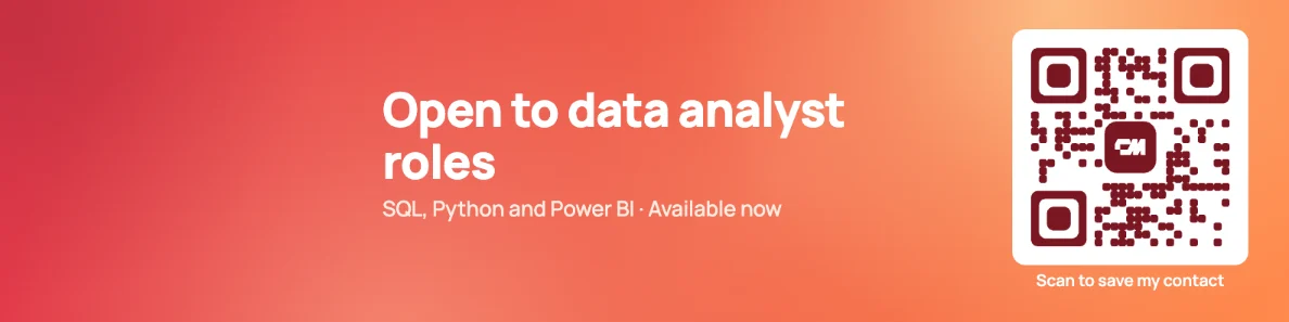 Esempio di banner LinkedIn per chi cerca lavoro in corallo: Disponibile per ruoli da data analyst