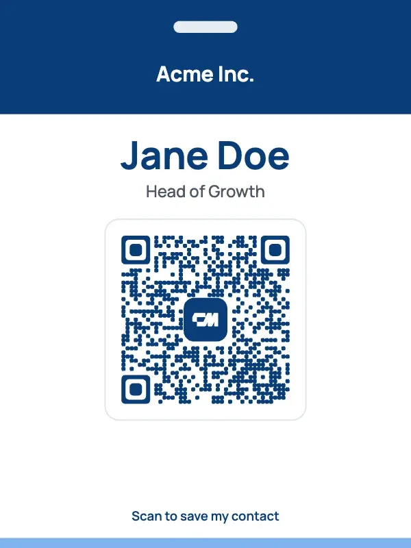 Un badge per eventi con l'azienda su una fascia colorata, il nome del partecipante e un QR code vCard