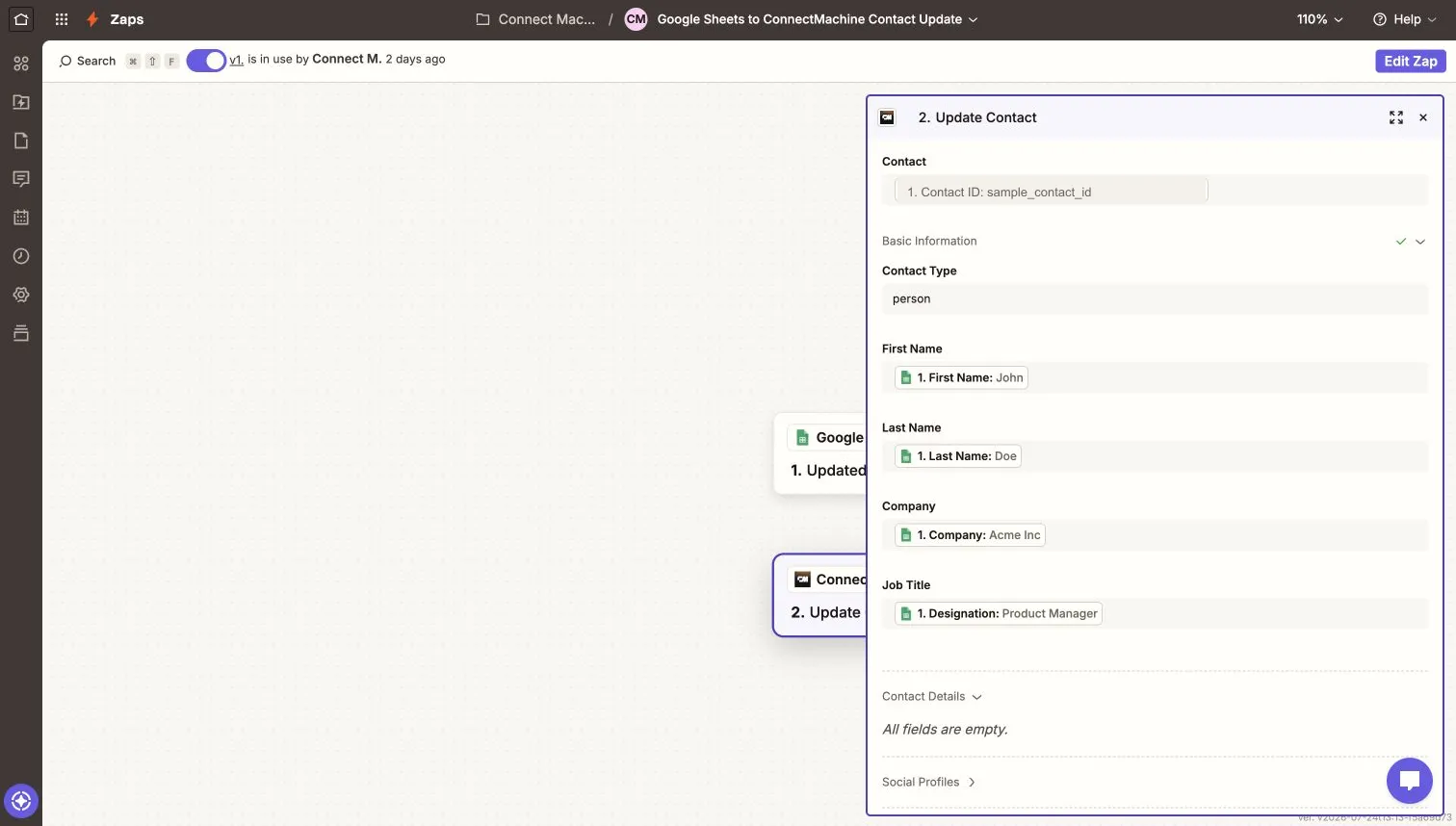 Zapier editor showing a Google Sheets step mapped into the ConnectMachine Update Contact action with sample contact data.