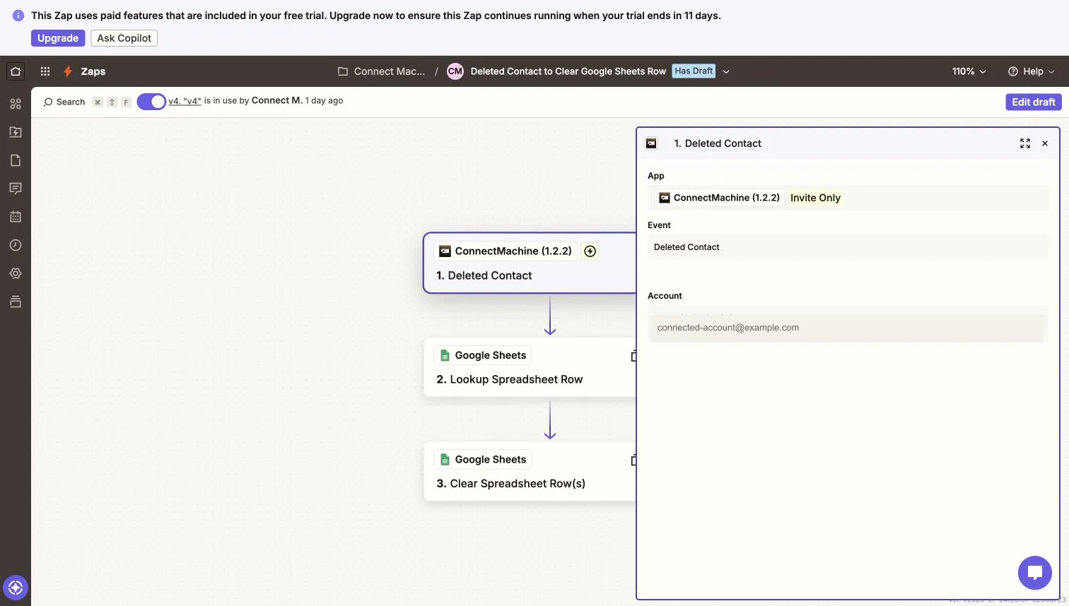 Zapier editor showing the ConnectMachine Deleted Contact trigger connected to Google Sheets lookup and clear-row steps.