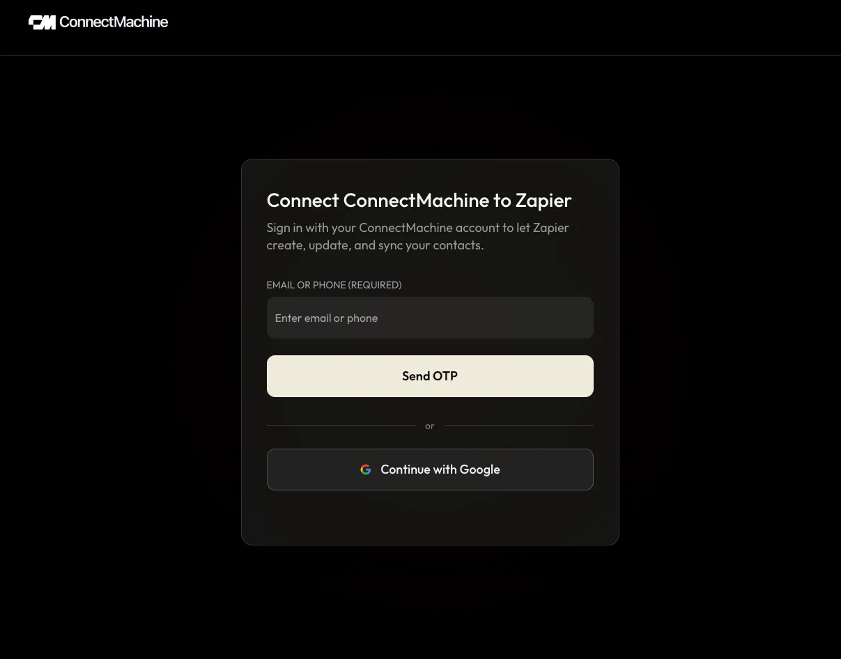ConnectMachine sign-in page for Zapier, with email or phone one-time code and Google sign-in options.