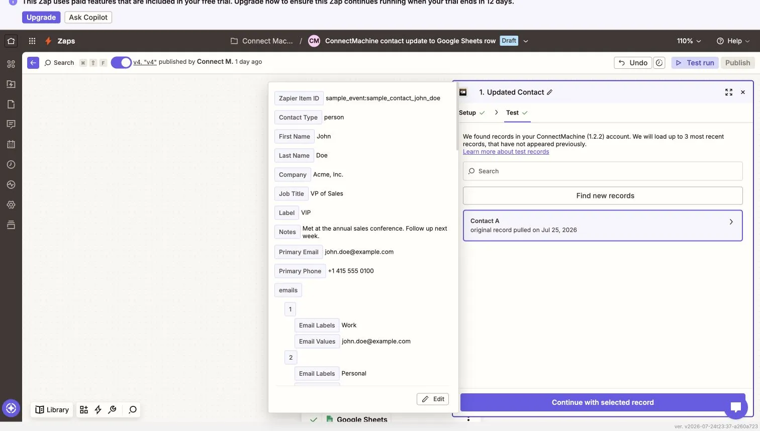 Zapier editor showing the ConnectMachine trigger output fields for a sample contact.