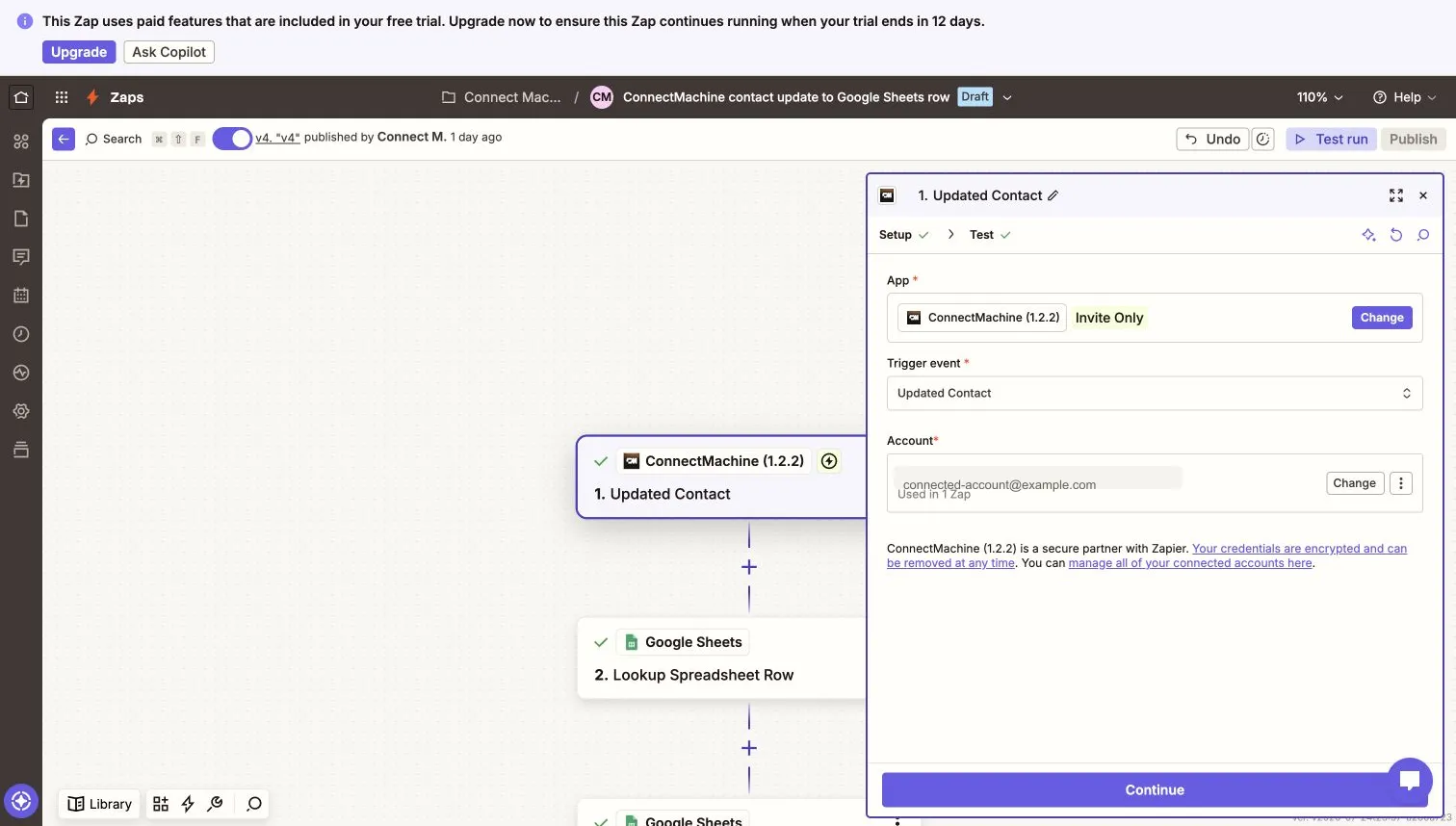 Zapier editor showing the ConnectMachine Updated Contact trigger setup with the connected account redacted.