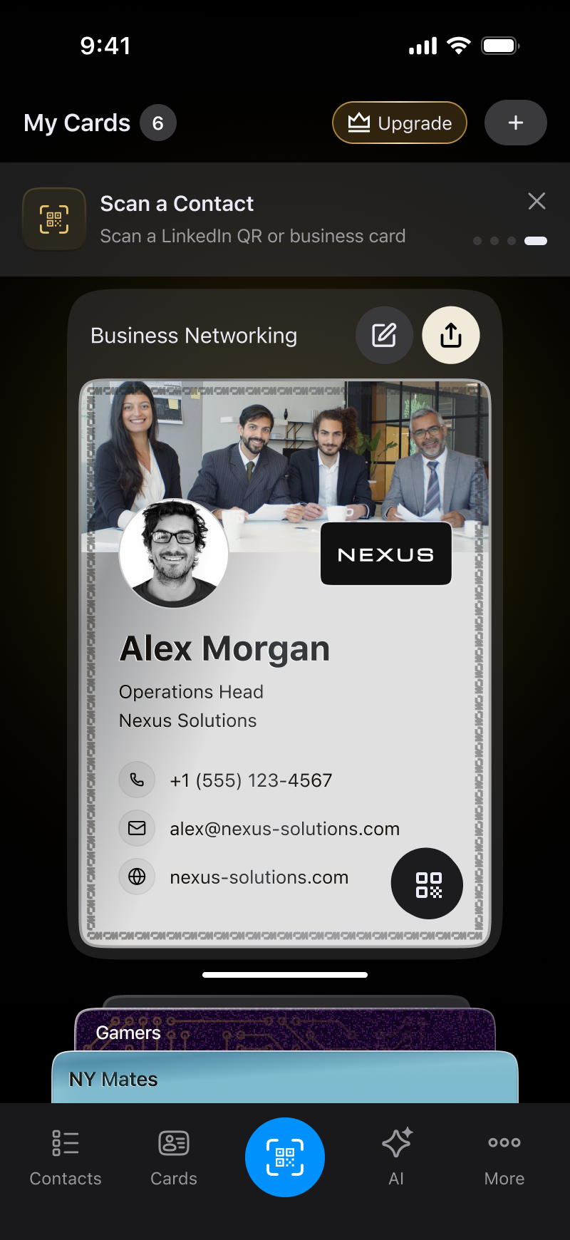 A consultant sharing a ConnectMachine digital card in a client meeting