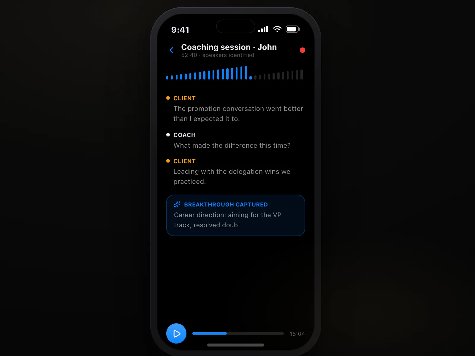 La registrazione con AI Note Taker di una sessione di coaching con coach e cliente identificati e uno sblocco importante annotato