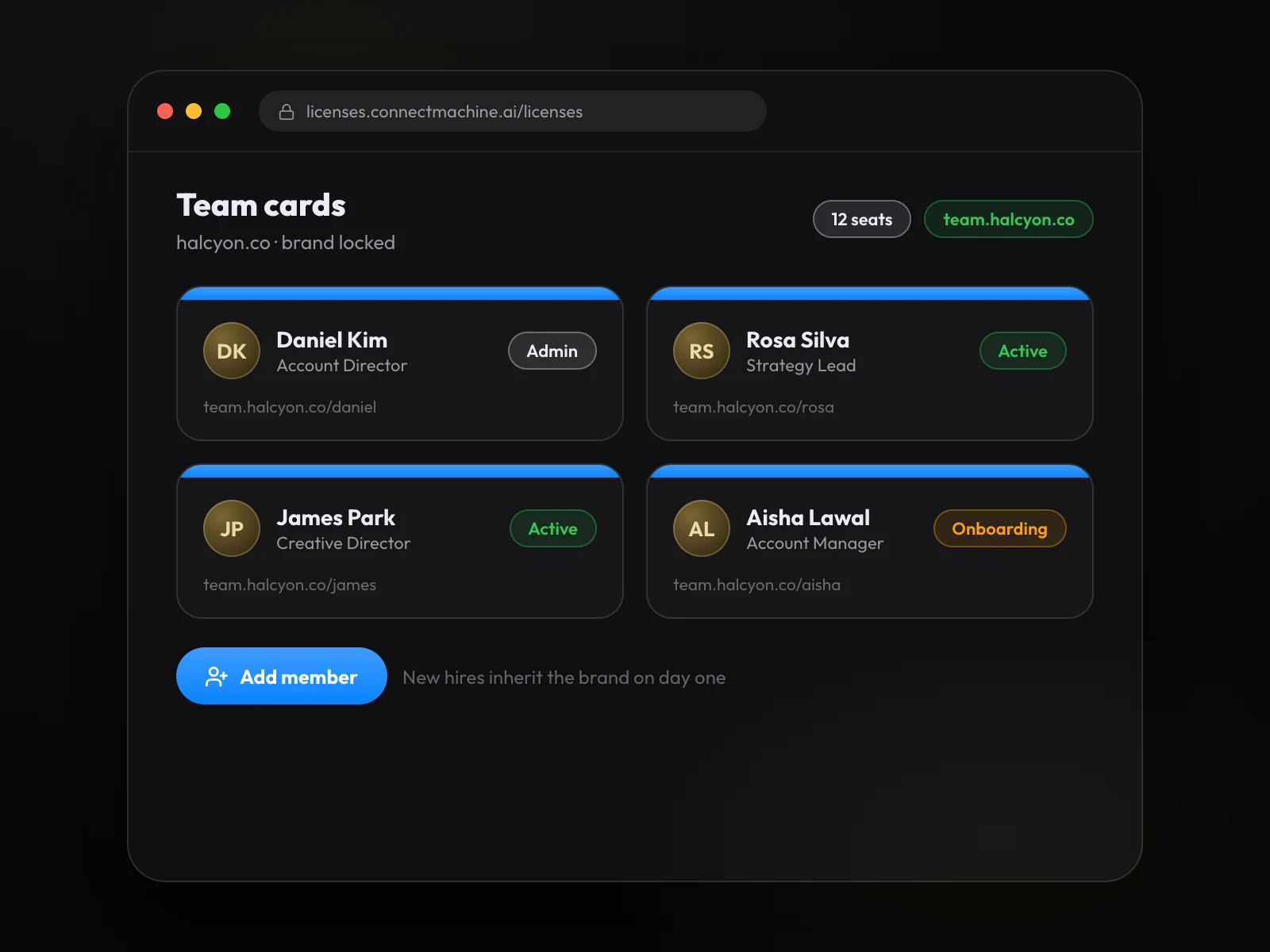 An agency team cards dashboard with matching branded cards, statuses, and an add member button