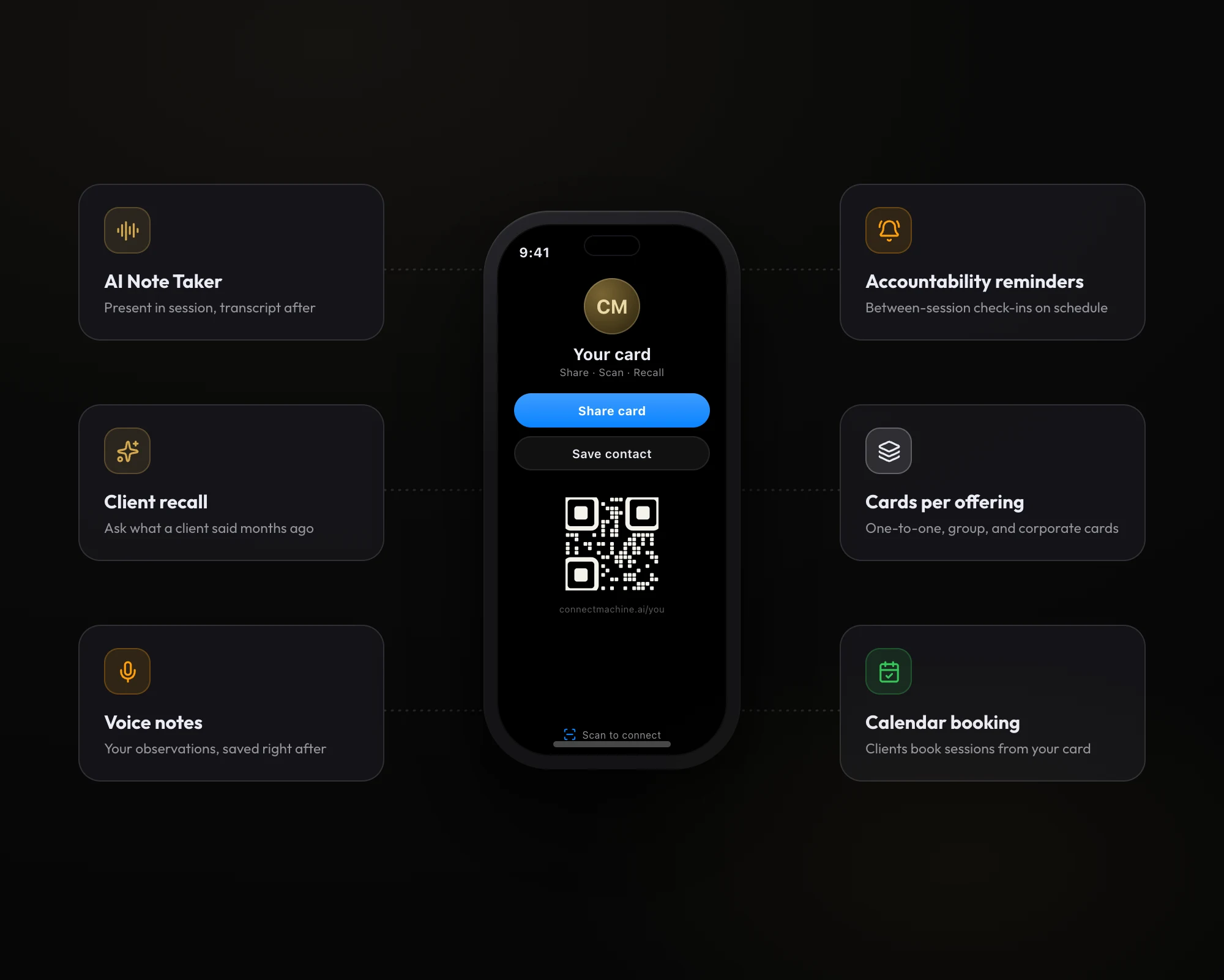 ConnectMachine features for coaches: transcription, recall, voice notes, reminders, cards per offering, booking