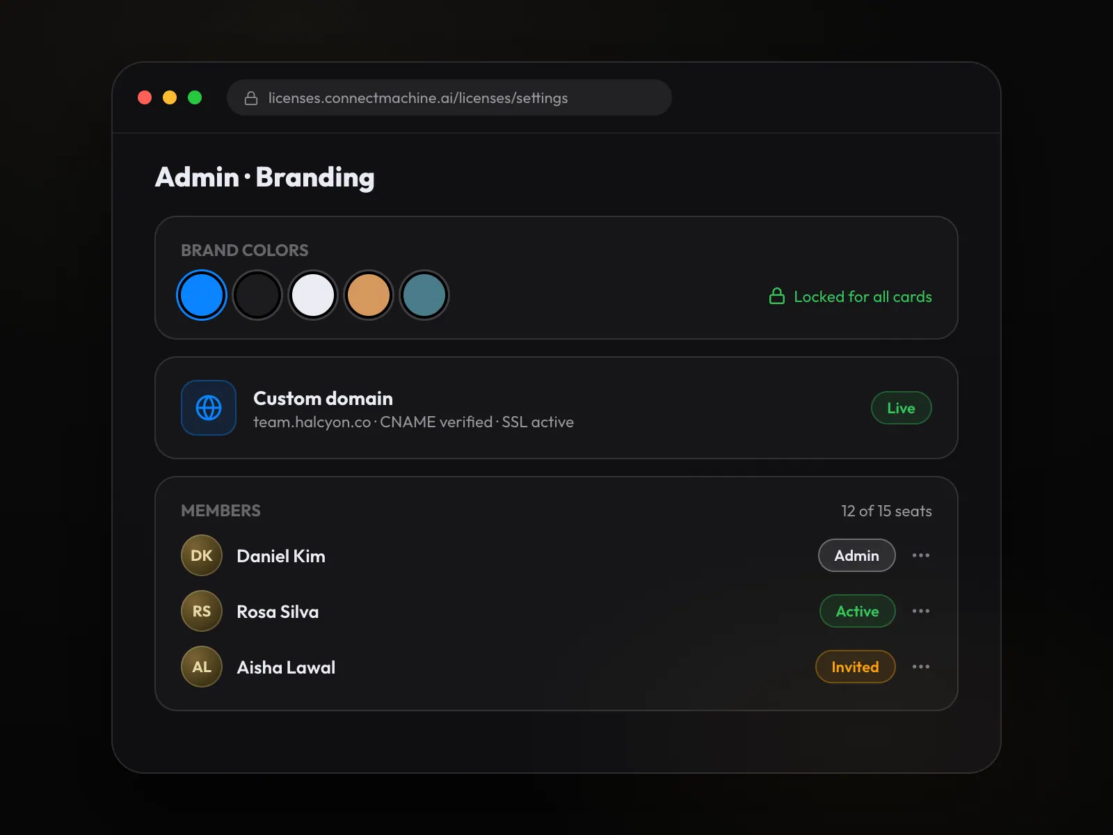 Il pannello di amministrazione dell'agenzia con i colori del brand bloccati, il dominio personalizzato attivo e le postazioni del team