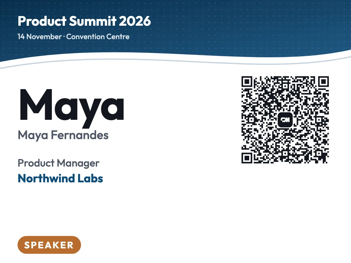 Modello di badge per eventi Wave, badge relatore con intestazione colorata curva e codice QR del contatto