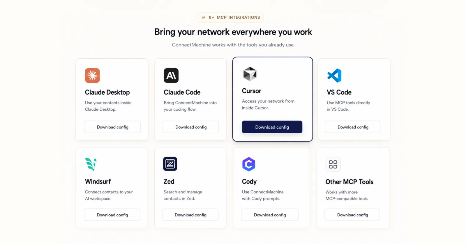 Configuration cards for Claude Desktop, Claude Code, Cursor, VS Code, Windsurf, Zed, Cody, and other MCP tools