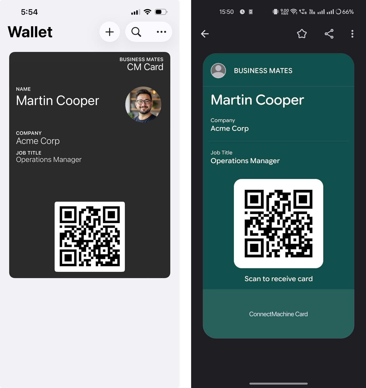 A ConnectMachine digital business card saved in a phone wallet