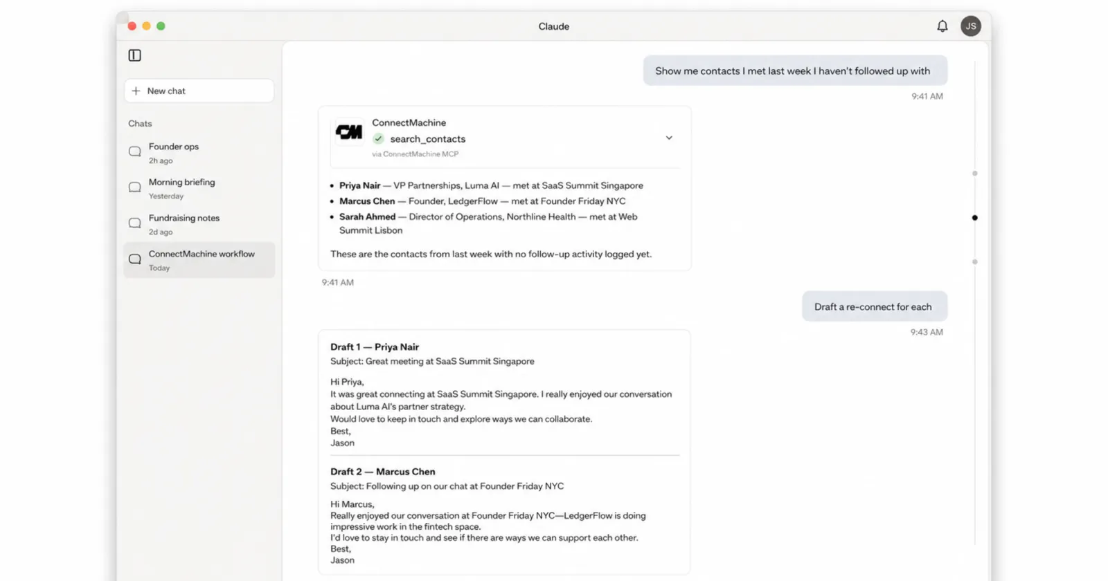 Claude listing contacts met last week from ConnectMachine and drafting personalized re-connect emails for each