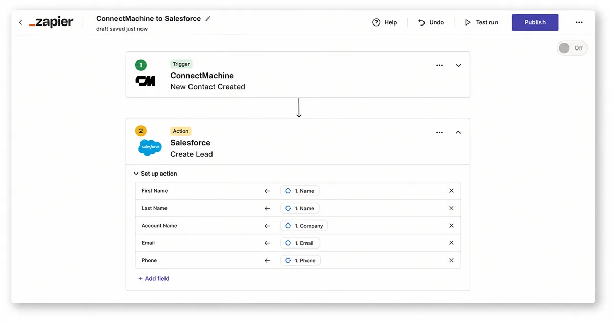 A Zap in the Zapier editor: the ConnectMachine New Contact trigger followed by a Salesforce Create Lead action with mapped fields