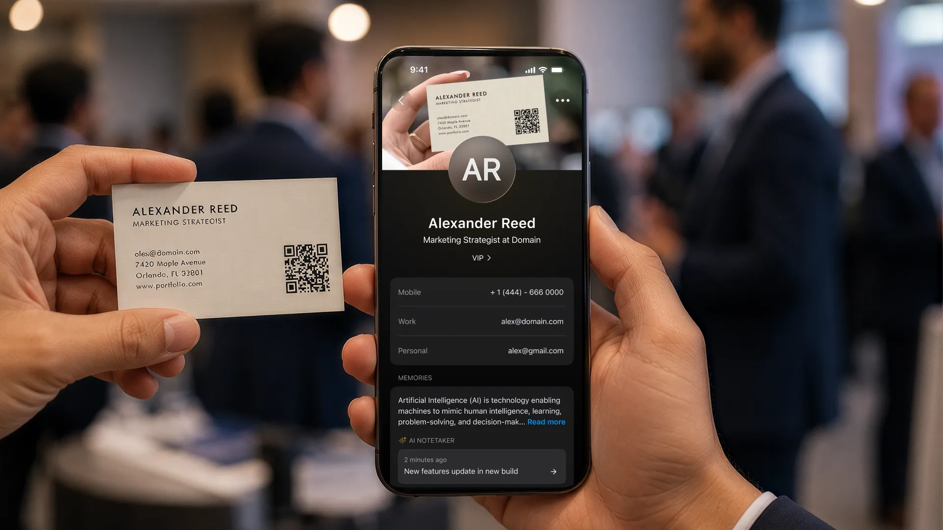 Una tarjeta de visita en papel escaneada y convertida en un contacto digital estructurado en un teléfono