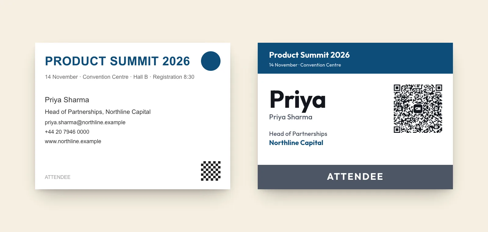 Two 4 x 3 inch conference badges side by side. The left one has a large event title and a small name crowded by contact details. The right one has a large first name, short supporting lines and a QR code