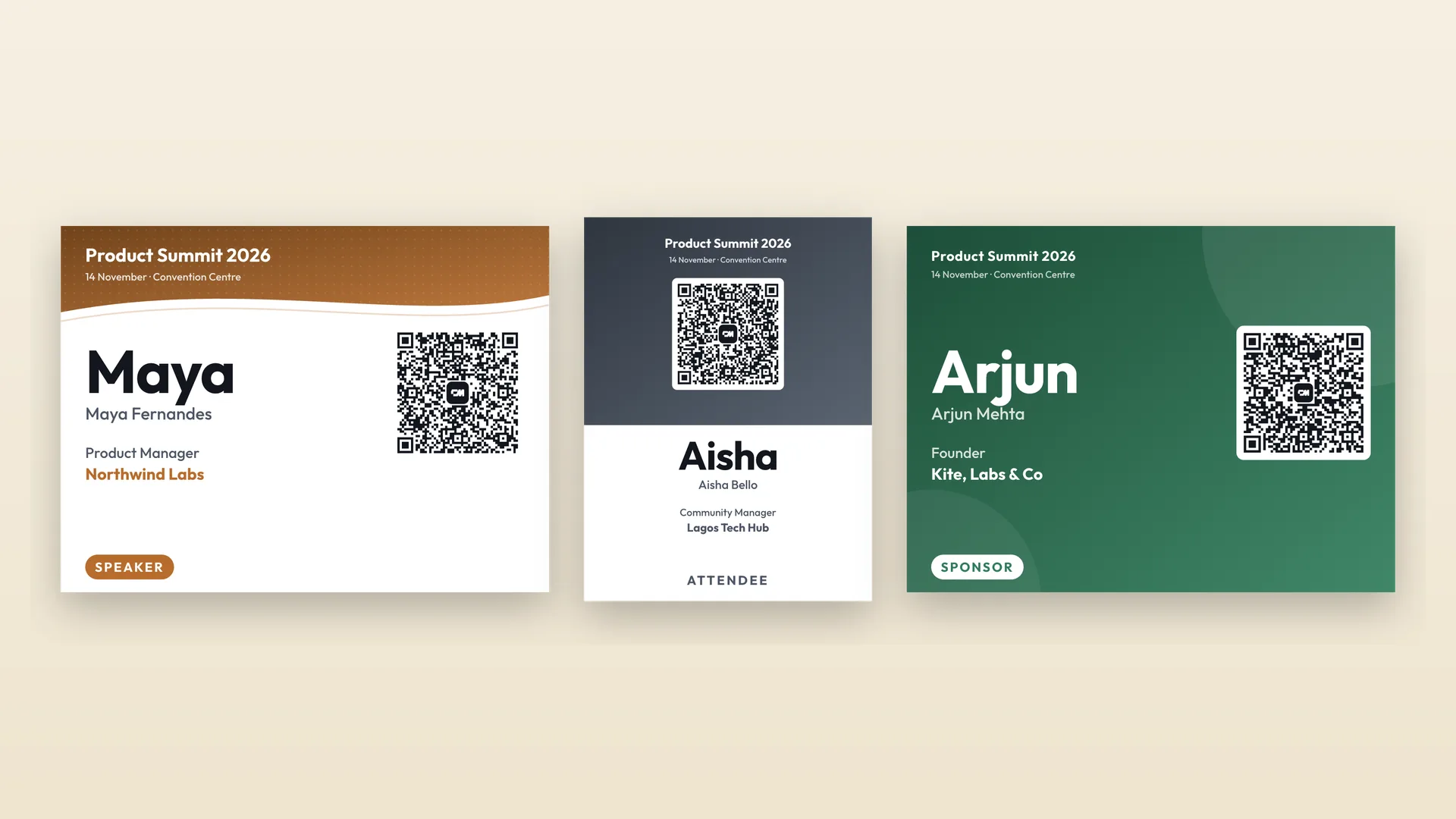 Three conference name badges made with the free ConnectMachine templates: a speaker badge, an attendee badge and a sponsor badge, each with a large first name and a contact QR code